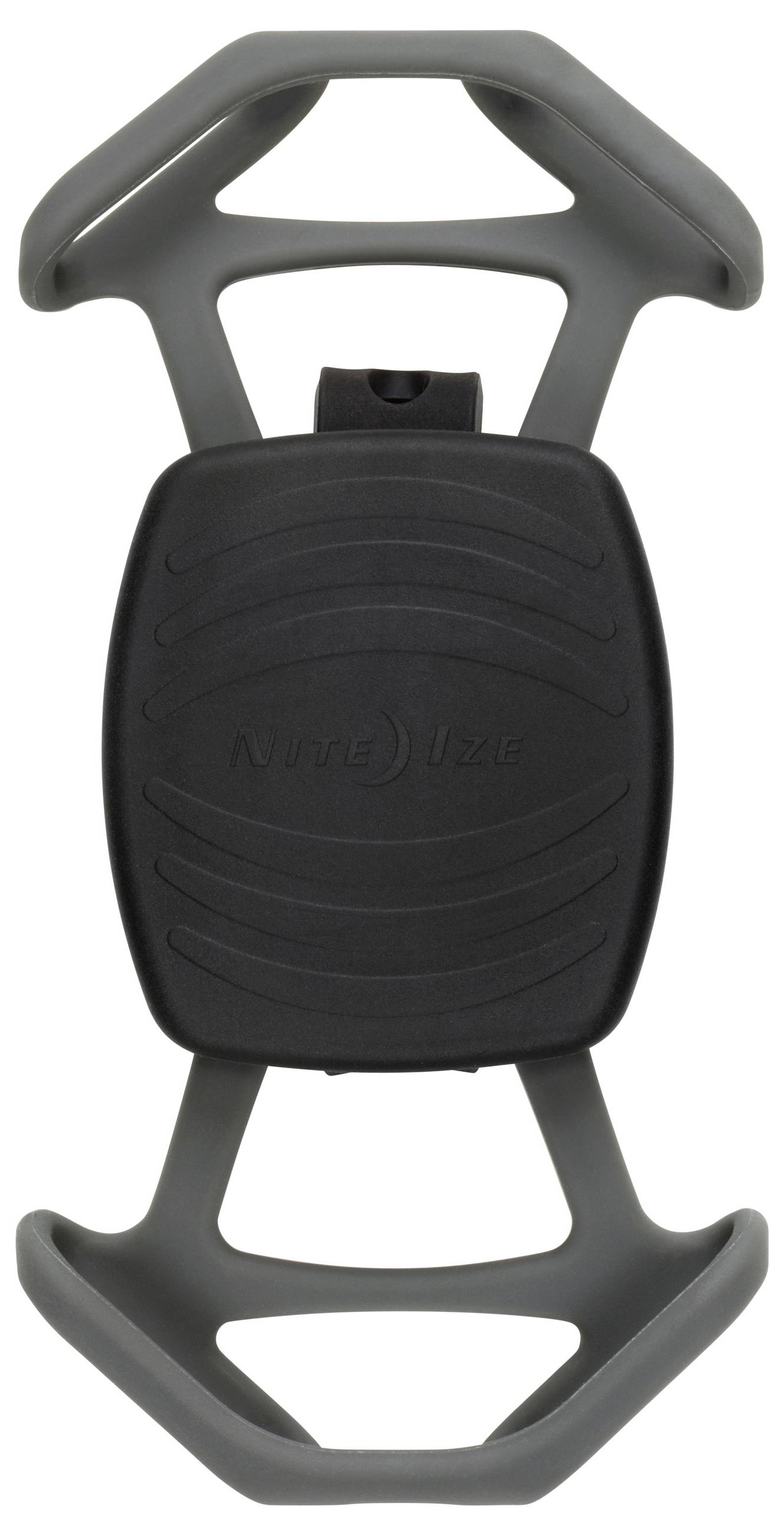 A black and gray mobile phone holder with a rubberized surface, designed for secure grip and versatility in positioning.