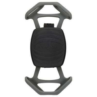 A black and gray mobile phone holder with a rubberized surface, designed for secure grip and versatility in positioning.