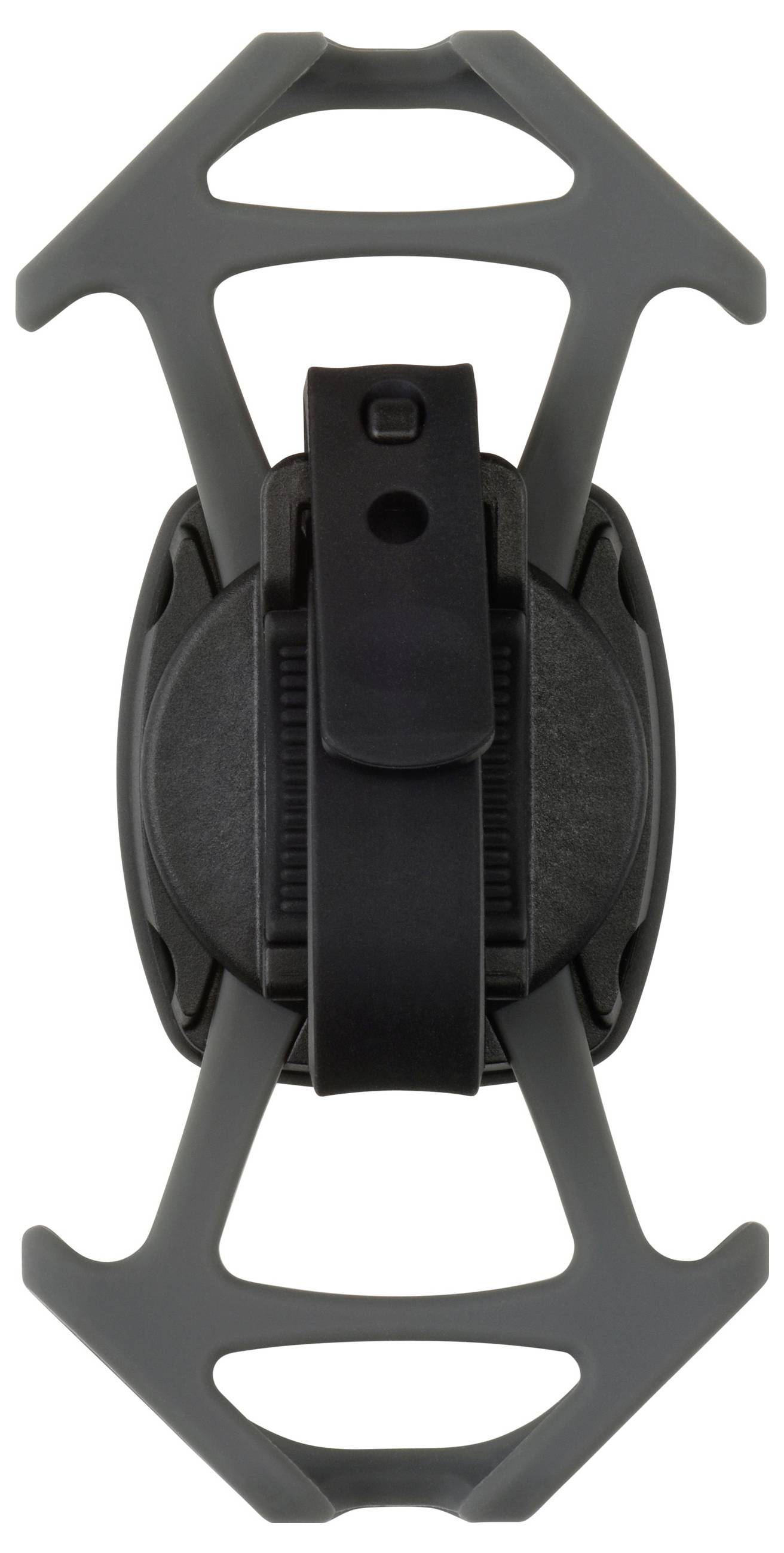 A black and gray belt clip with a distinctive geometric design, showing a central rotating disc held by a cage-like structure.