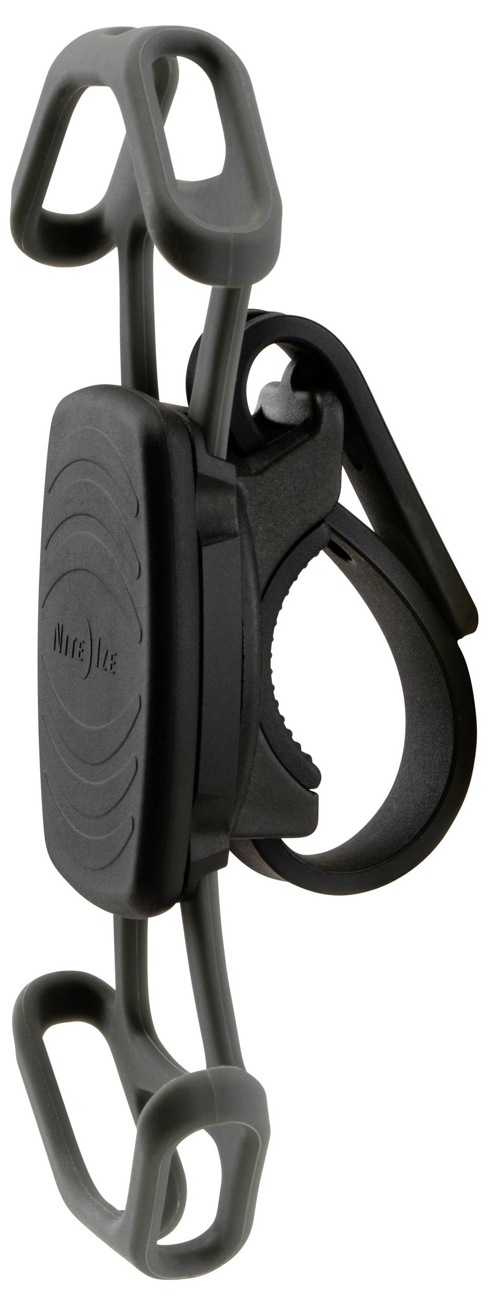 A black plastic clip with interlocking loops on each end, likely used for securing or connecting objects.