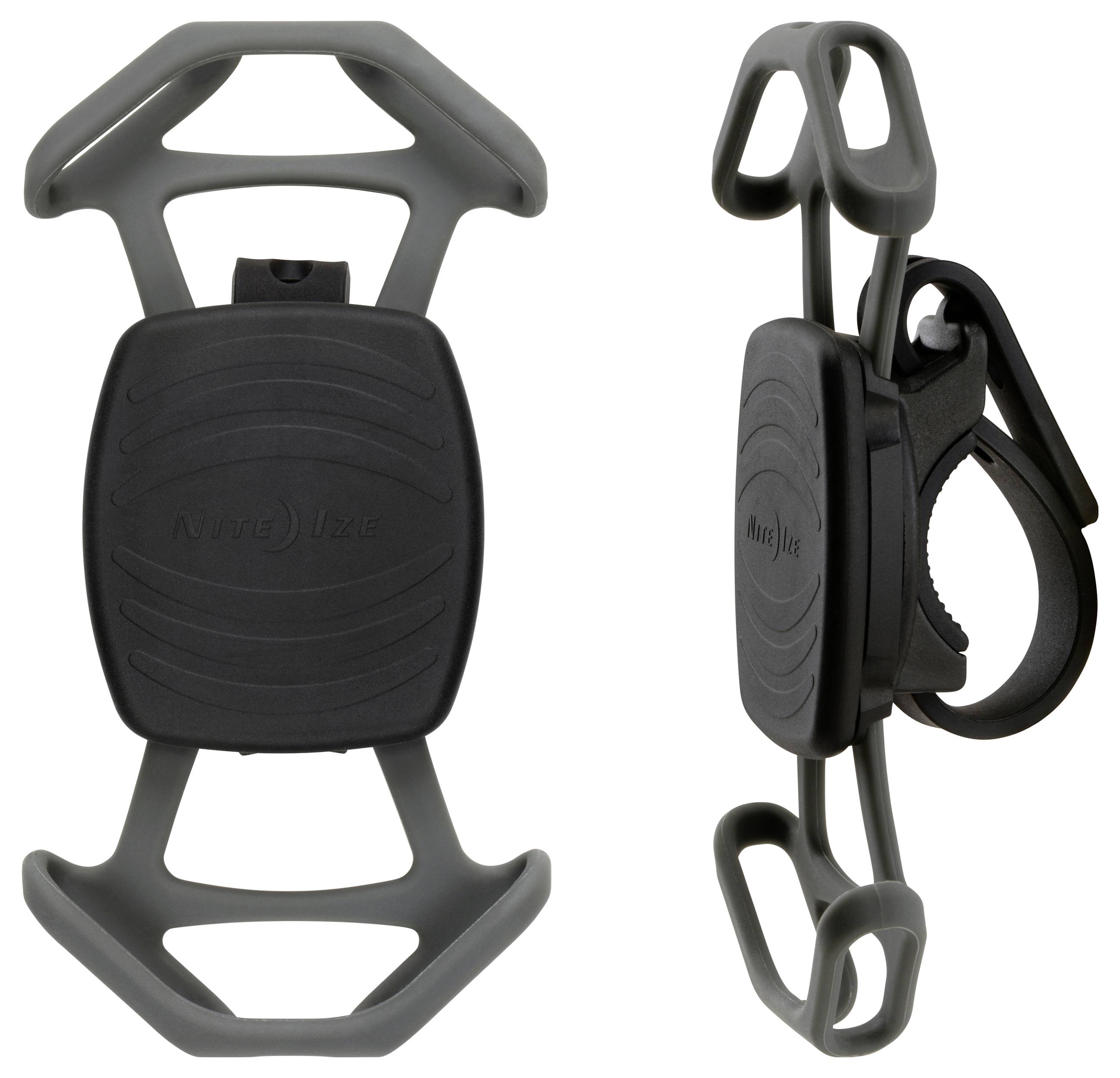 A versatile, adjustable black phone mount with flexible grip and clamp for bike handlebars, shown from different angles.