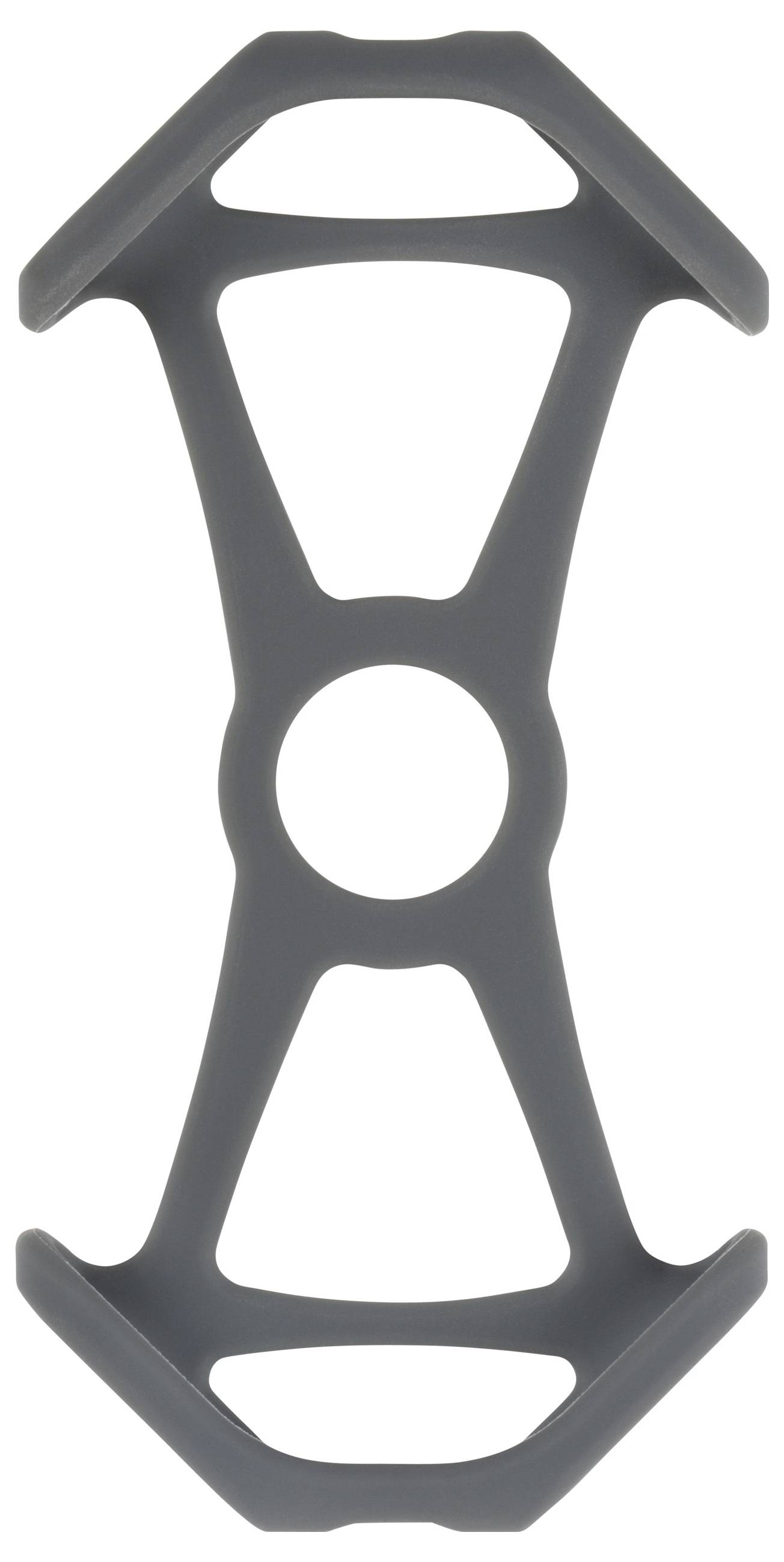 A black rubber accessory holder with a flexible, symmetrical design featuring an open center and four elongated slots.