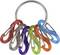 A metal ring holds six colorful carabiners in red, purple, green, and blue, often used for organizing or clipping small items together.
