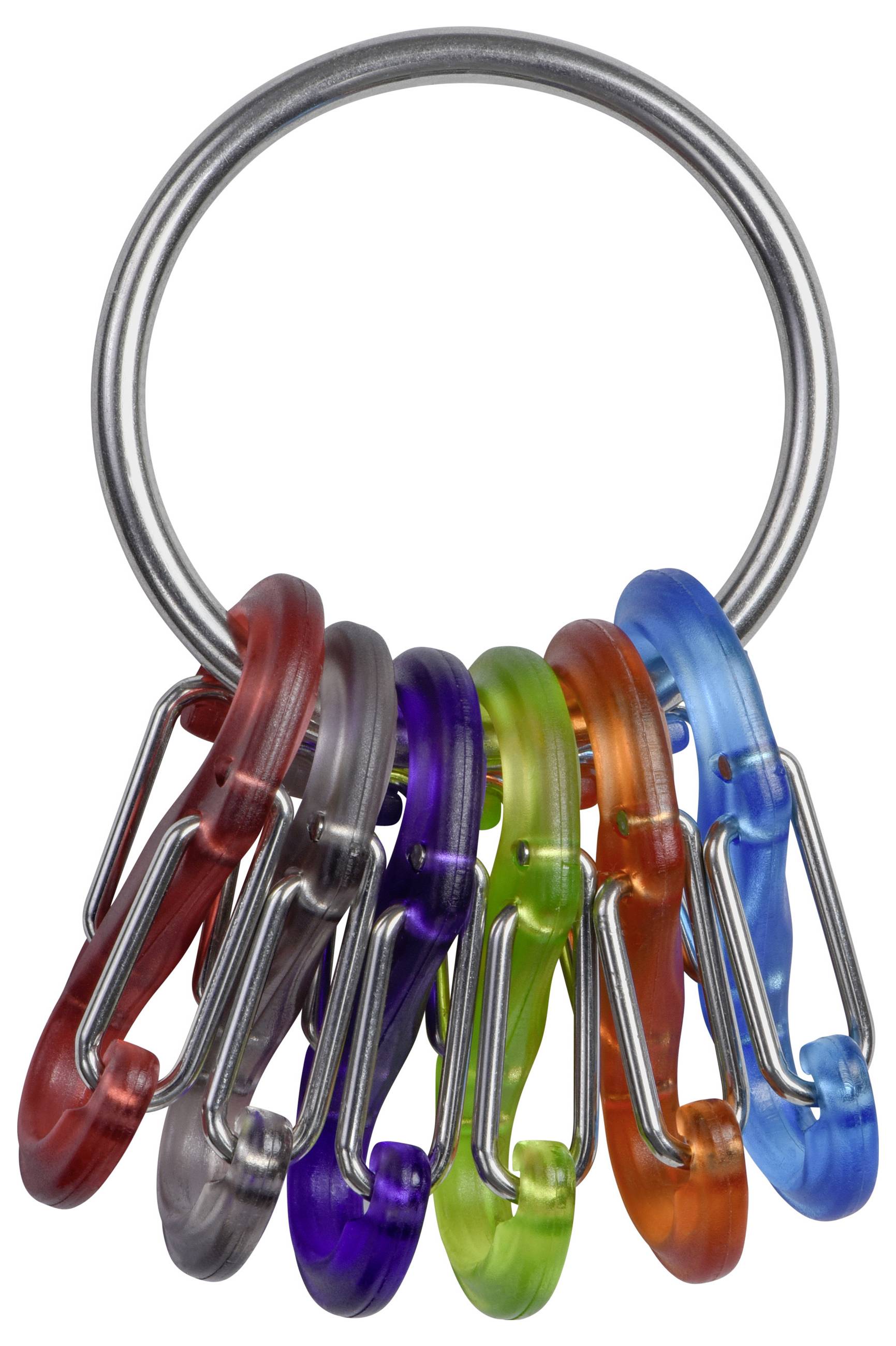 'A ring holding six colorful mini carabiners in red, purple, green, orange, blue, and gray.'