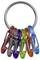 'A ring holding six colorful mini carabiners in red, purple, green, orange, blue, and gray.'