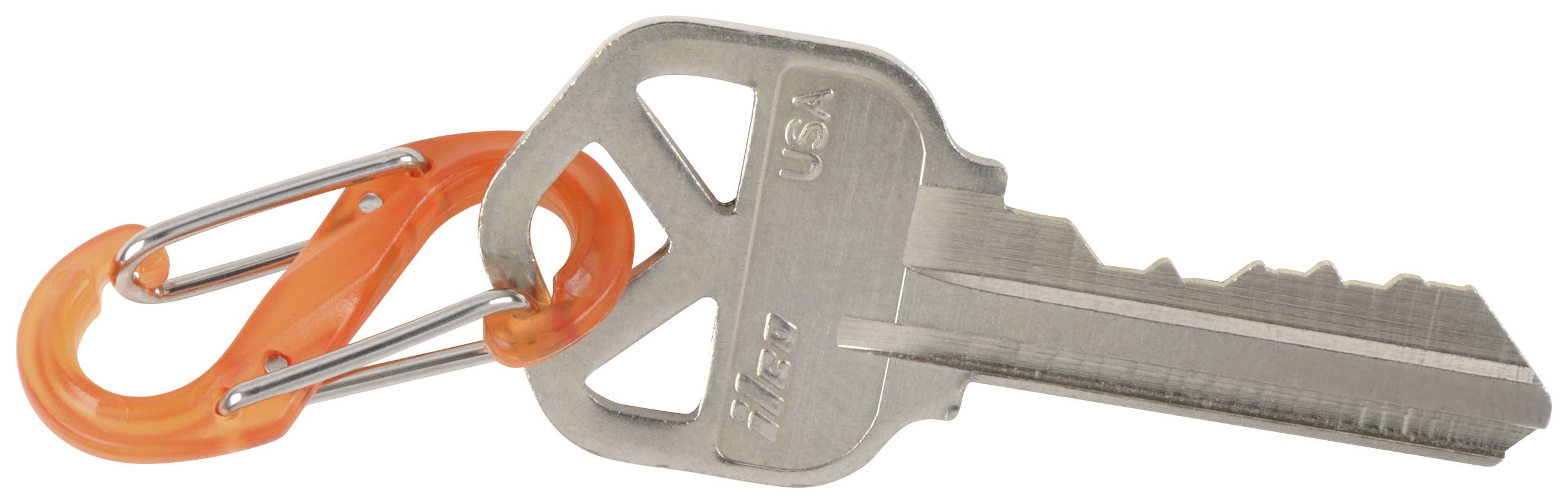 A silver key with an orange carabiner clip, likely for house doors or car locks.