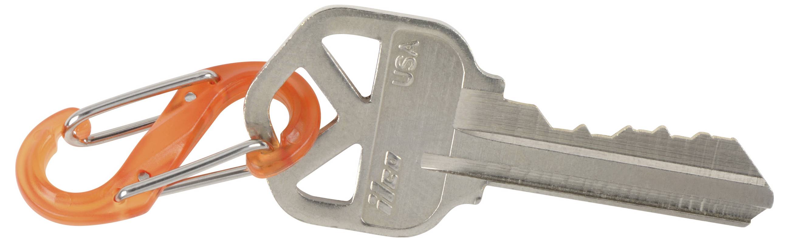A metal key attached to an orange carabiner clip.