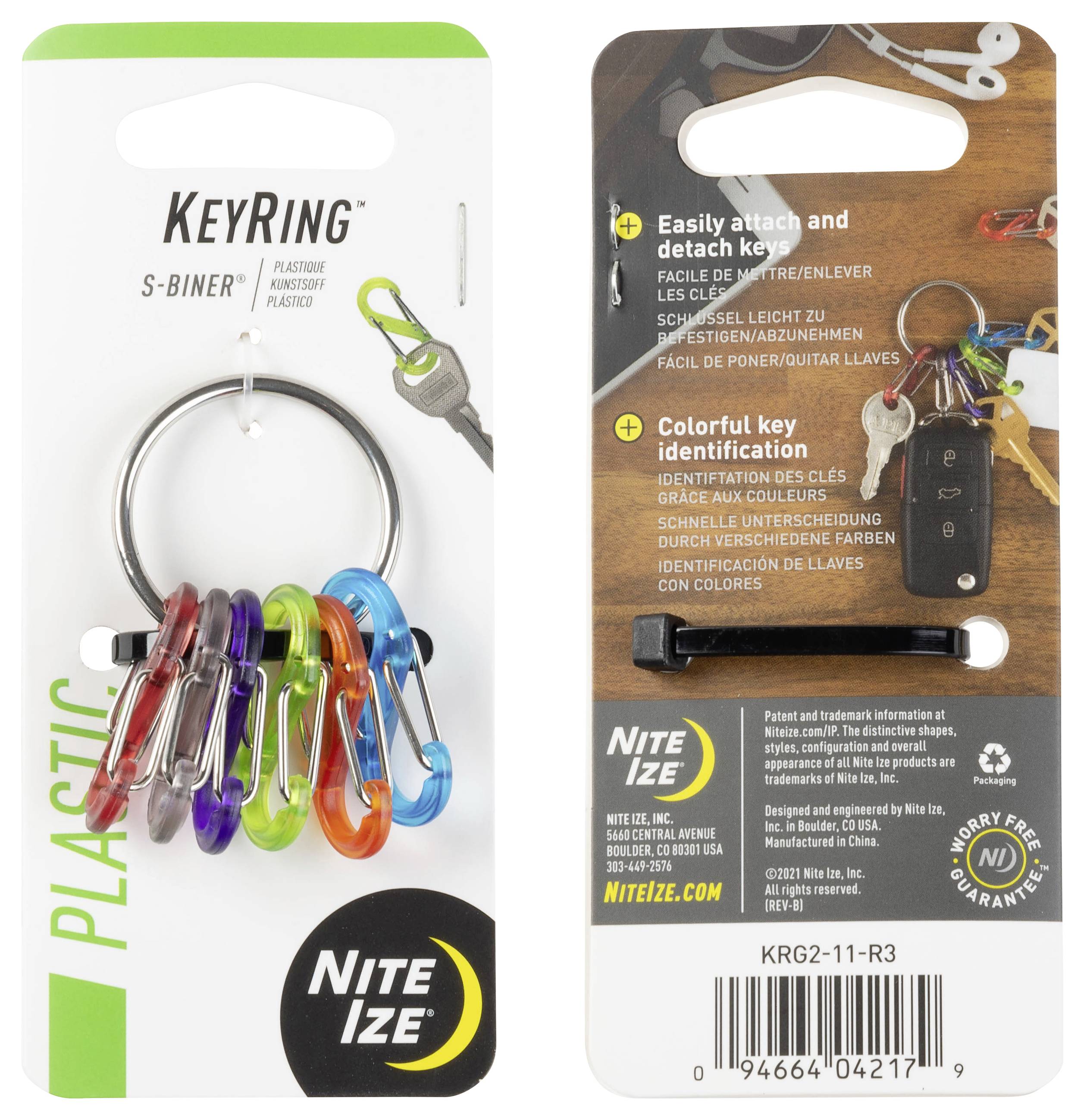 'Nite Ize KeyRing S-Biner Plastic' shows six colorful mini carabiners attached to a metal ring, with product details and features on packaging.