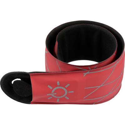 A red reflective band with silver reflective patterns and a sun symbol, rolled up and worn for safety.