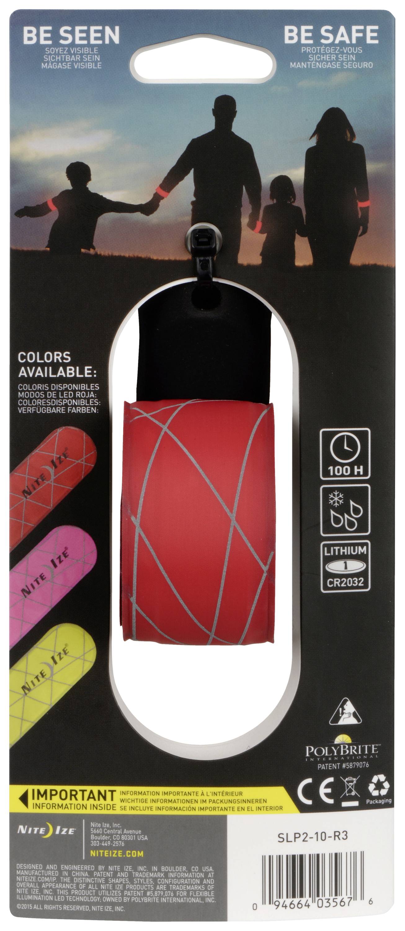 Packaging for a reflective armband, bright red, with silhouettes of three people in the background. Text at the top: 'BE SEEN BE SAFE'.<br><br>The translation is already in British English, so no further changes are needed.