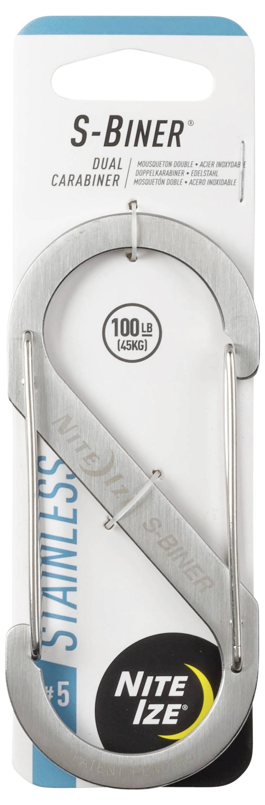 'Nite Ize S-Biner Dual Carabiner, Stainless Steel, holds up to 100 lbs (45 kg).'