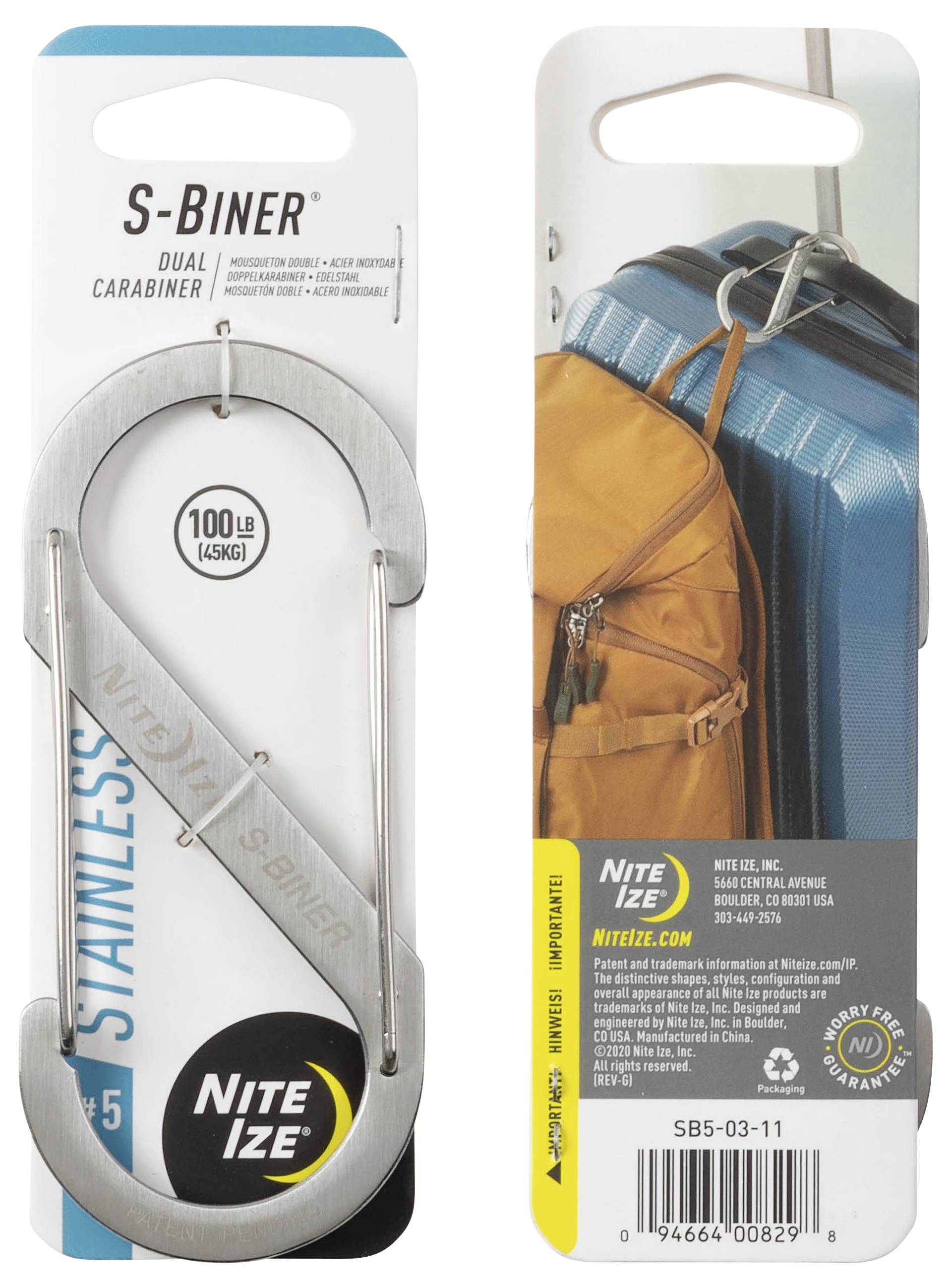 'Stainless steel S-Biner dual carabiner rated for 100 lb (45 kg) load. Image shows carabiner in use, holding a bag attached to luggage.'