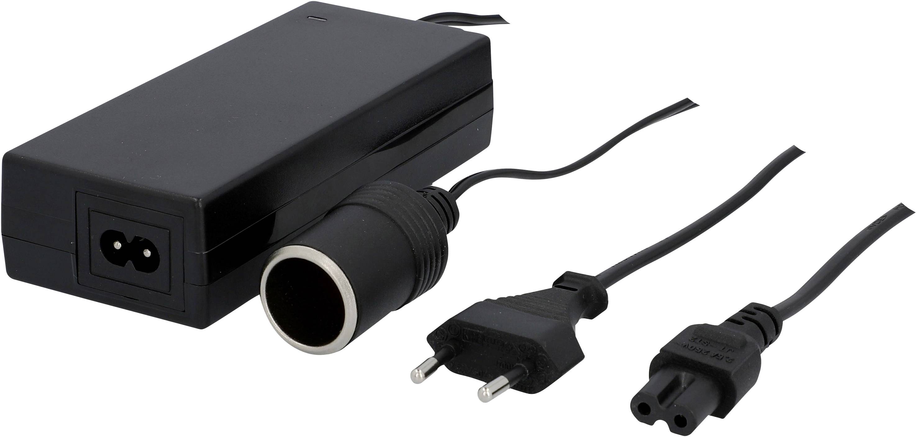 Black power supply with power cord and European plug, suitable for connecting to electronic devices.