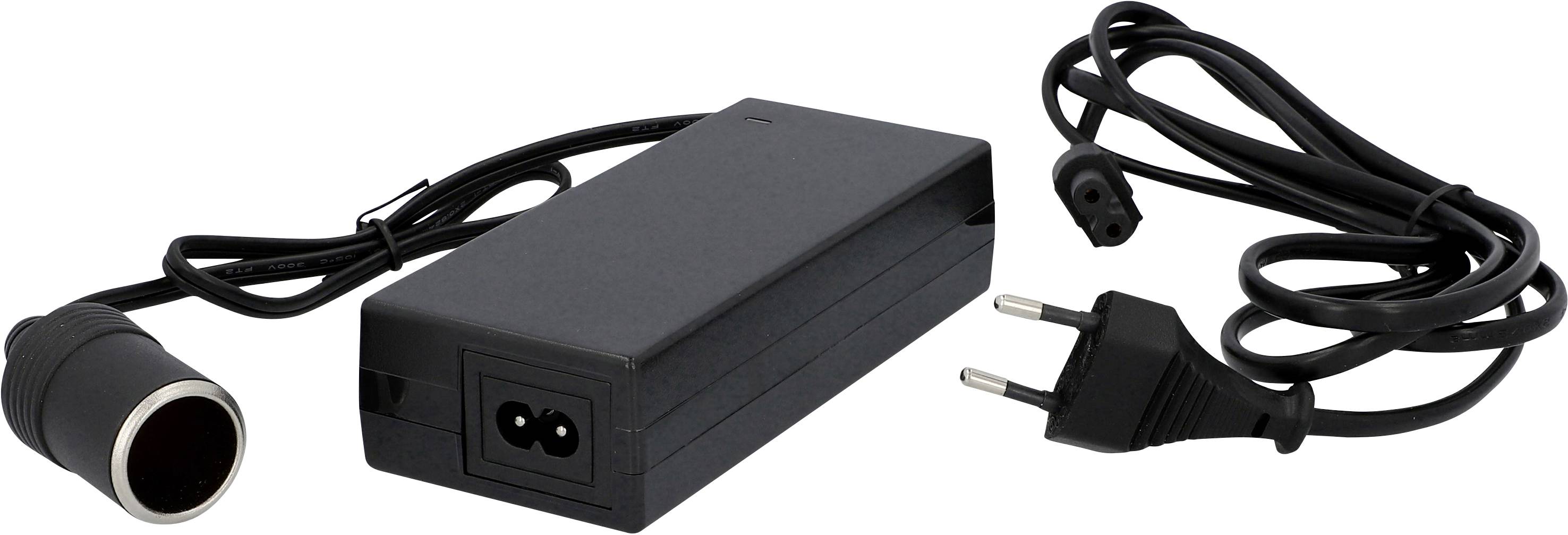 A black power supply with detachable cables, including a European plug and a cigarette lighter socket.