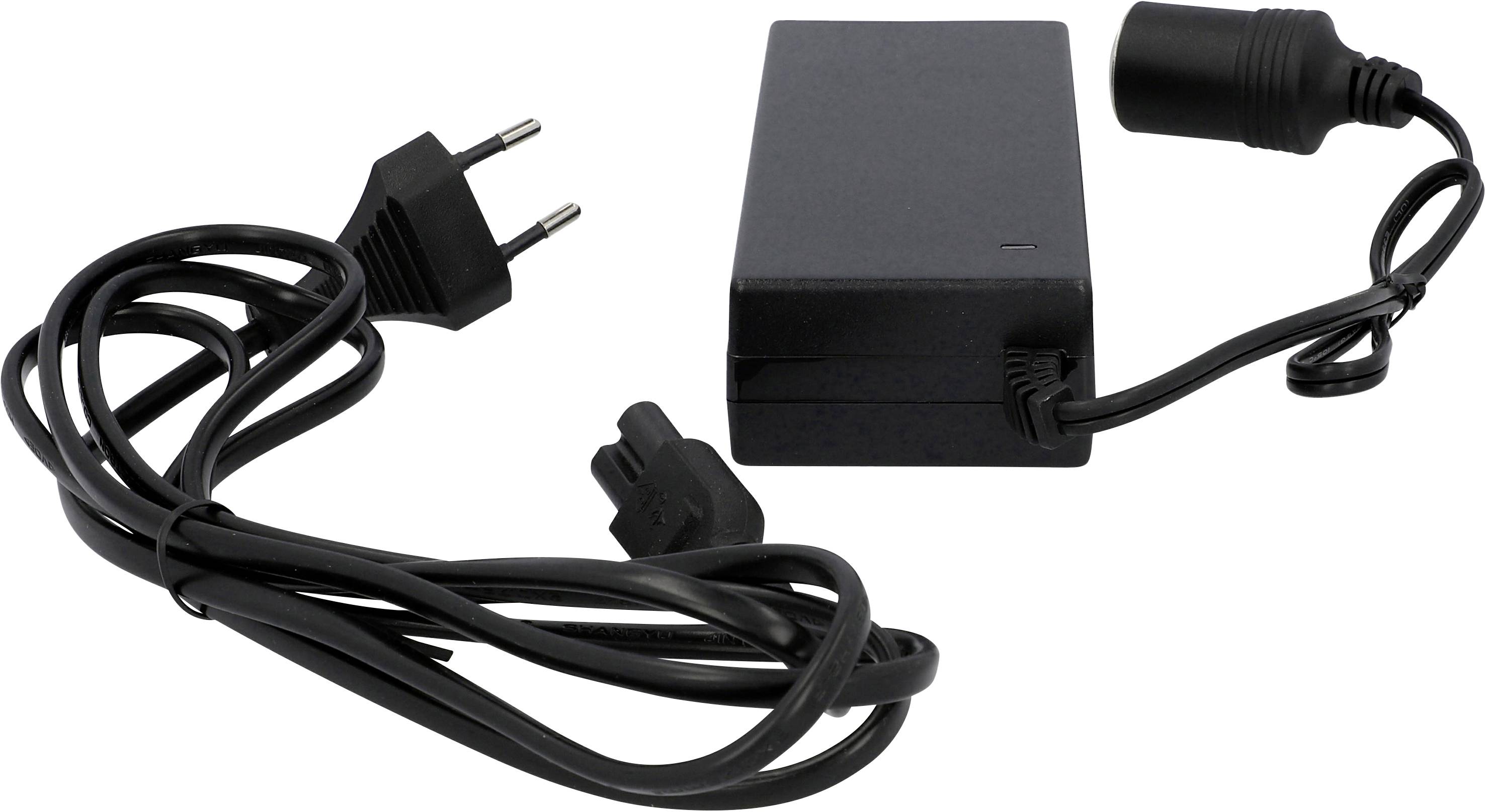 Black power supply with two plugs; a Euro plug and a car charger plug. Plastic casing and cable.