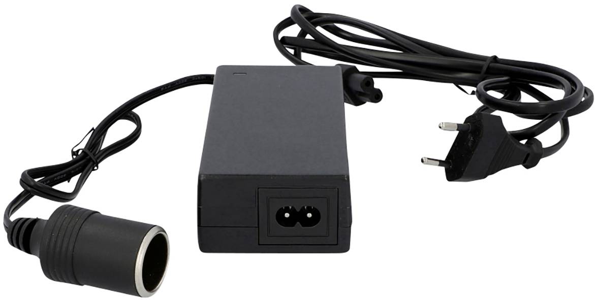Black power adapter with European plug and cigarette lighter socket. Used for powering devices in a car.