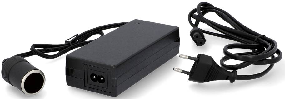 Black power supply with two cables, one with a plug socket, the other with a car cigarette lighter plug.