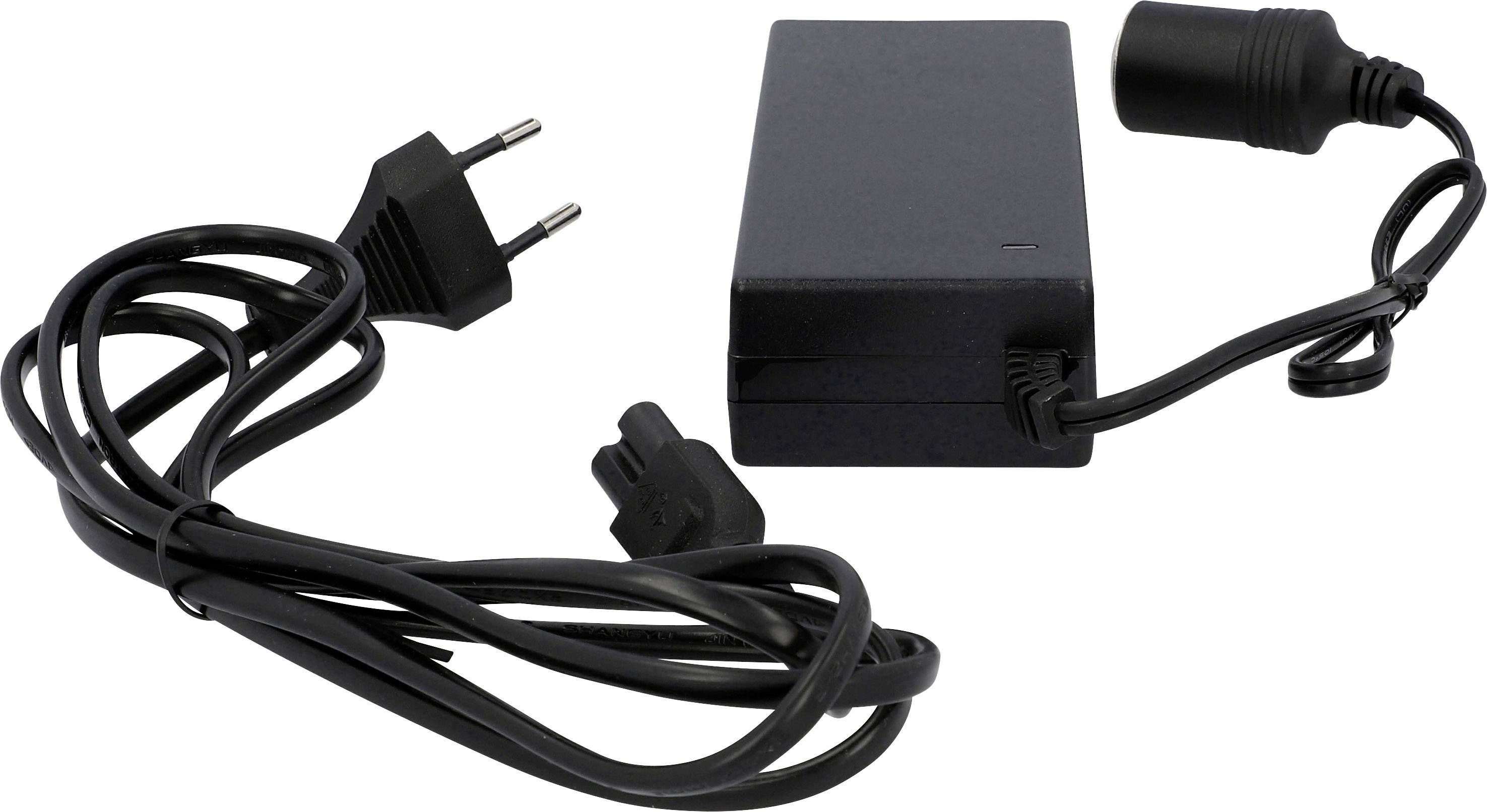 Power adapter with a black casing and mains cable, European plug.