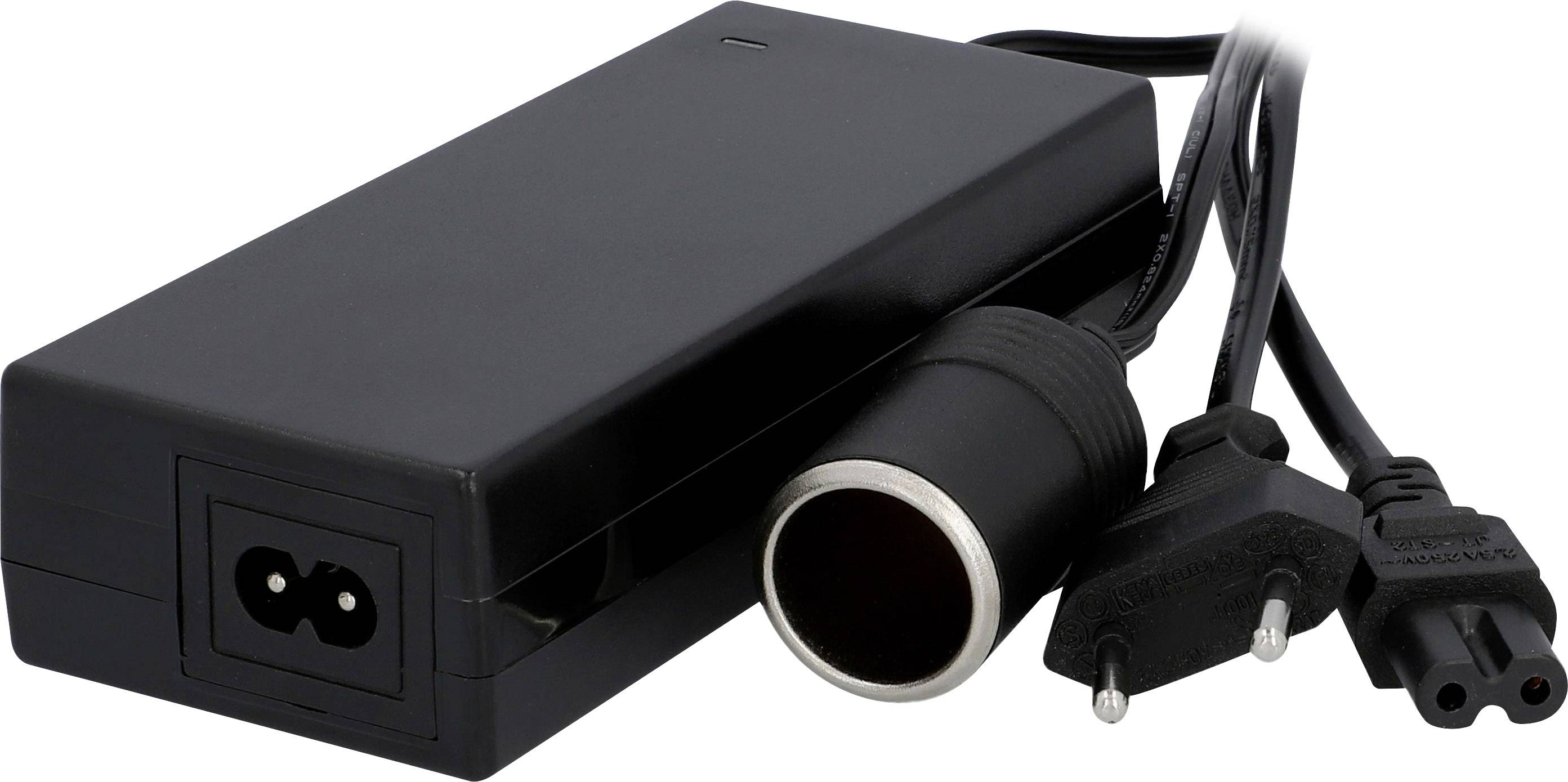 Black power supply with two plug types: round and two-pin plug. Suitable for electronic devices.