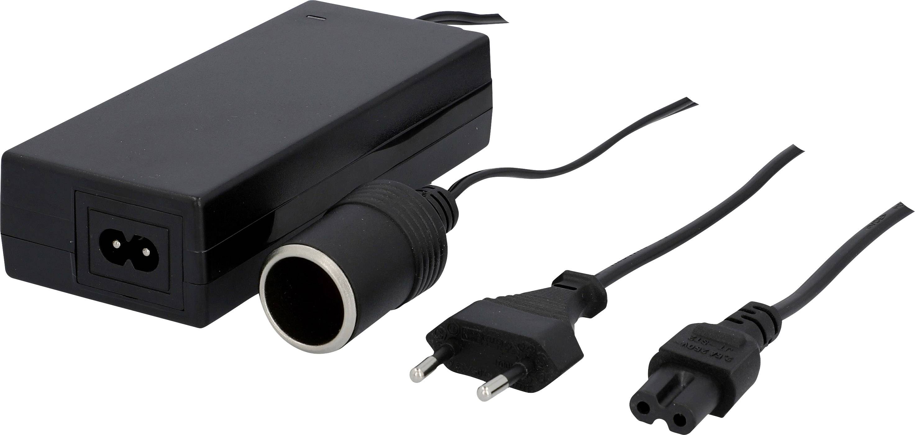 Black power supply with cables, consisting of a socket and a Euro plug, suitable for electronic devices.