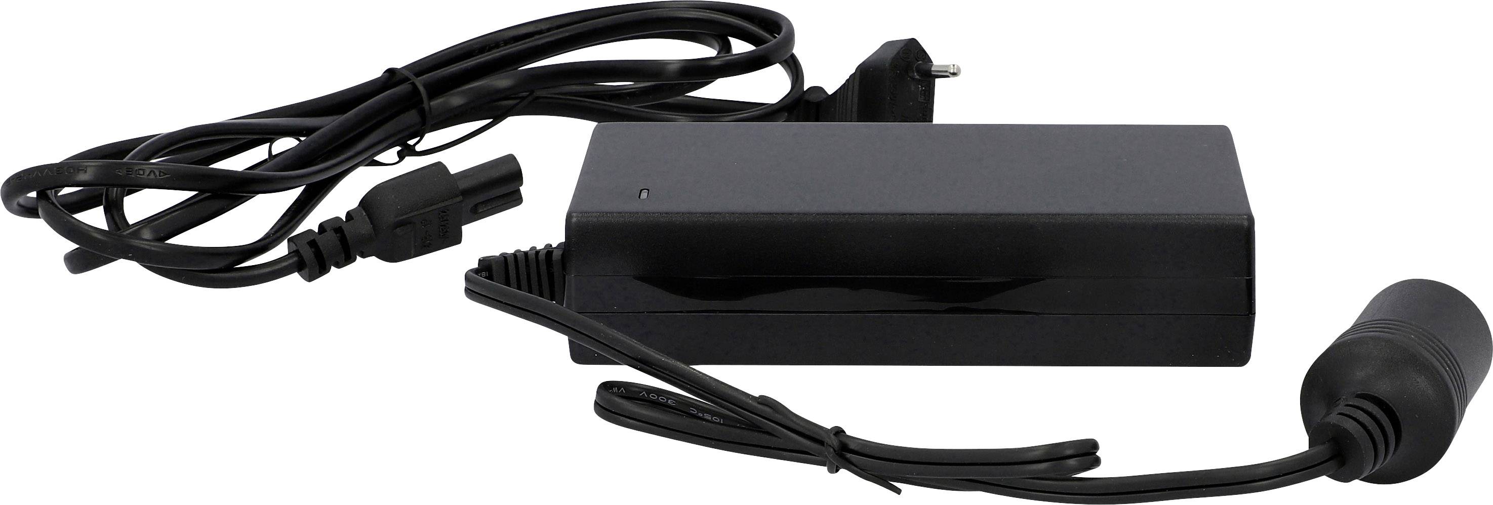 A black power supply with two cables, one with a plug connection and the other with a round adapter.