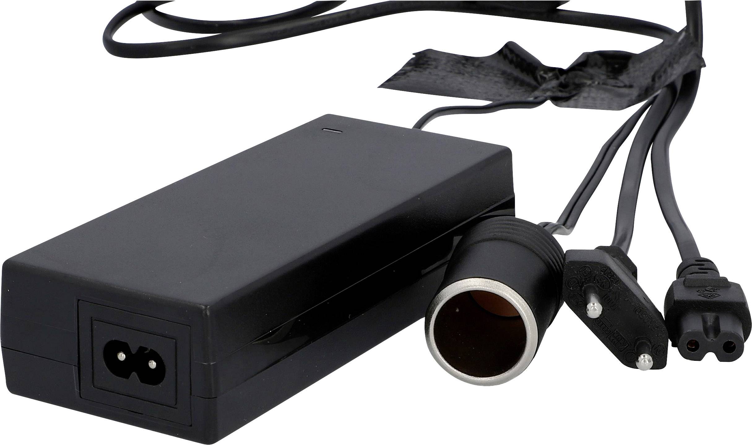 Black power supply with multiple cables, including a cigarette lighter adapter and a two-pin plug, on a white background.