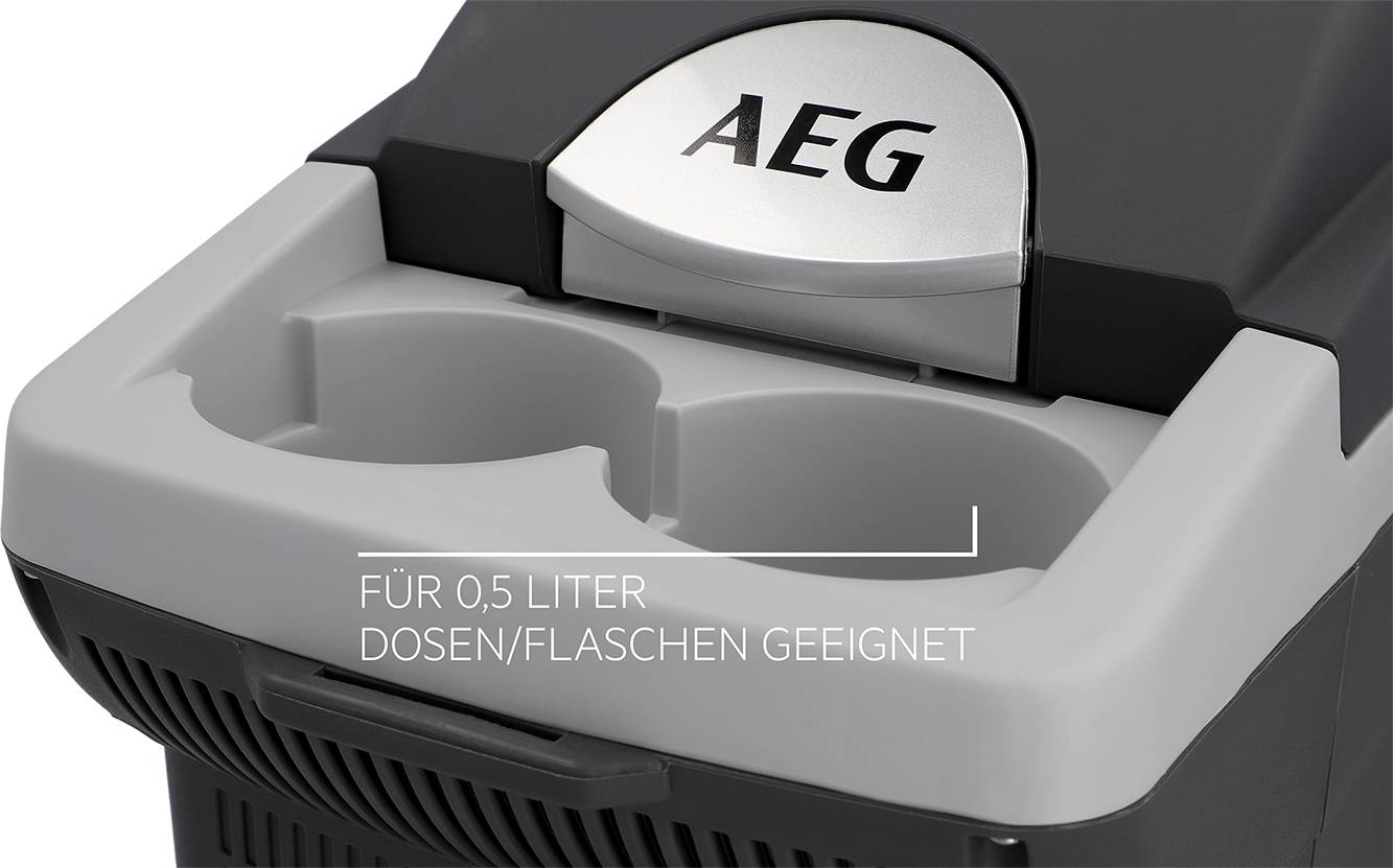 Cool box with two holders for 0.5-litre cans or bottles. Marking shows the possible uses.