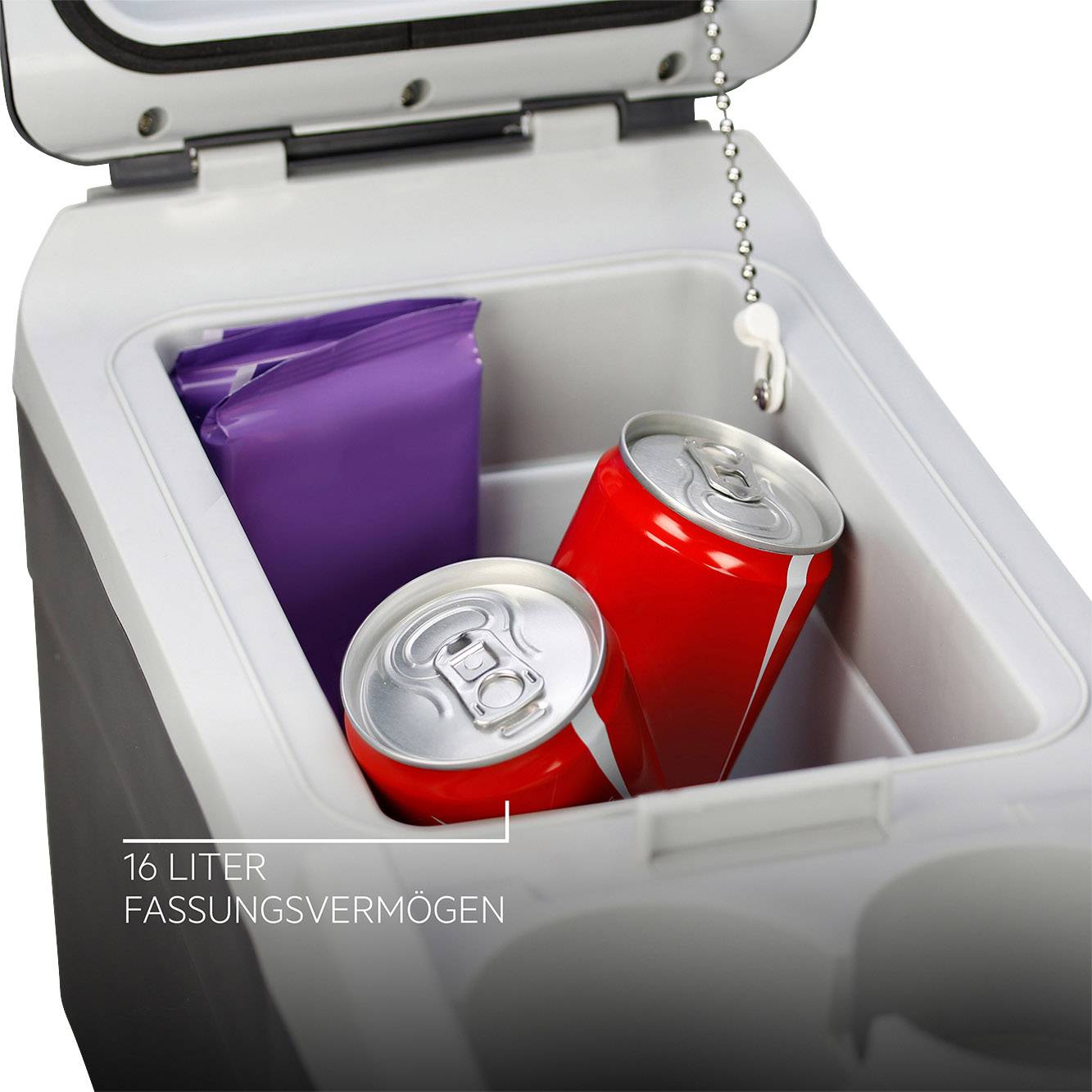 Cool box with open lid, showing two red drink cans and a purple bag. Text: '16 litre capacity'.