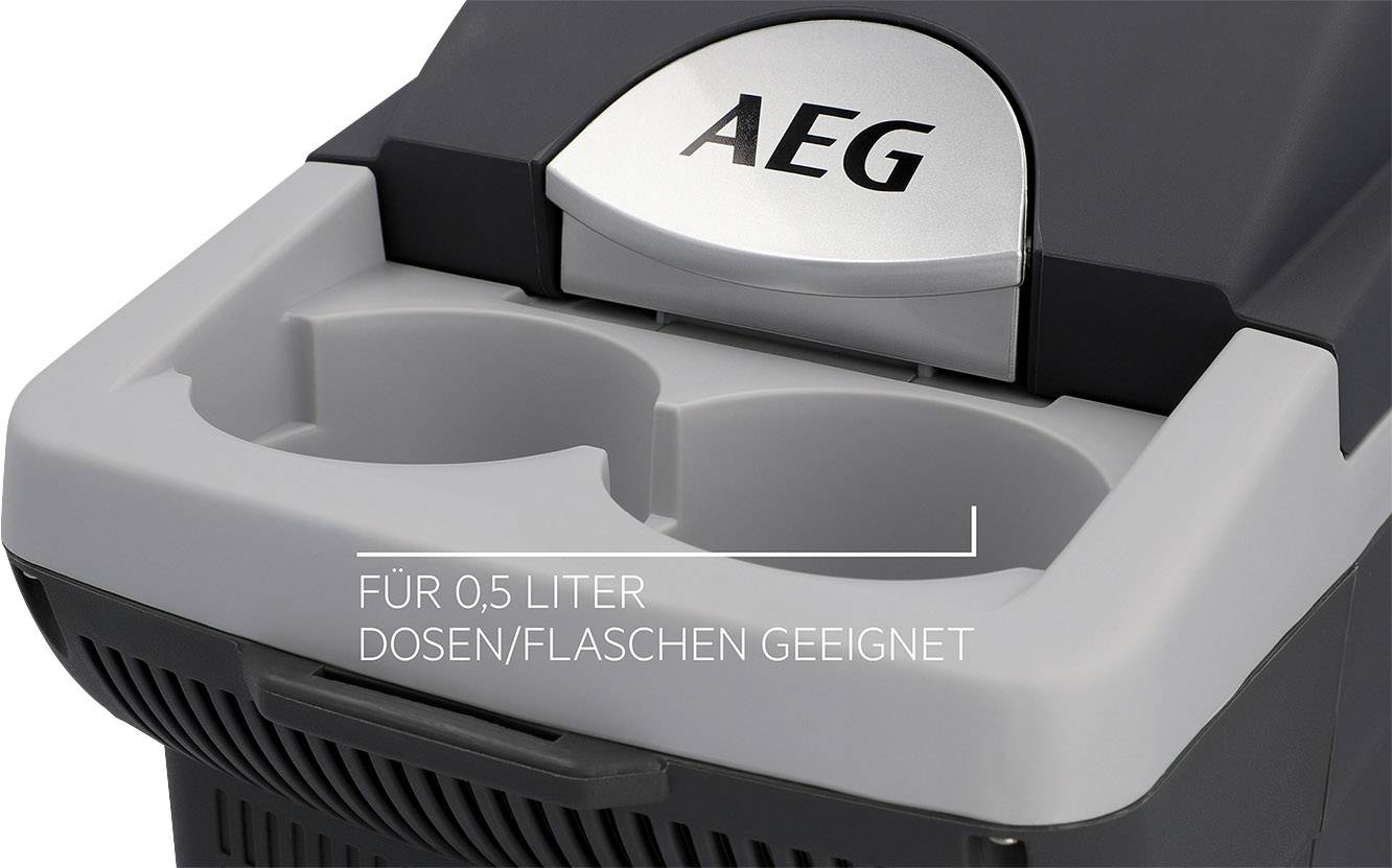 Compact AEG cool box with compartments for 0.5-litre cans or bottles.