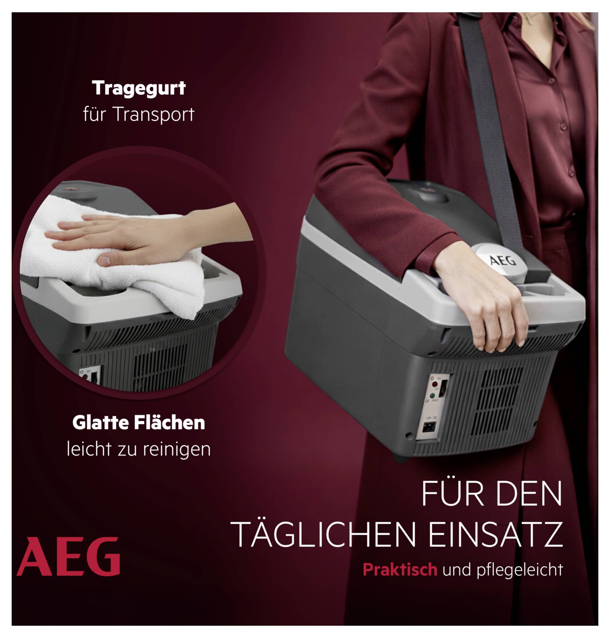 Person carrying a portable AEG appliance with a strap; it features easy-to-clean surfaces. Text: 'Für den täglichen Einsatz.'