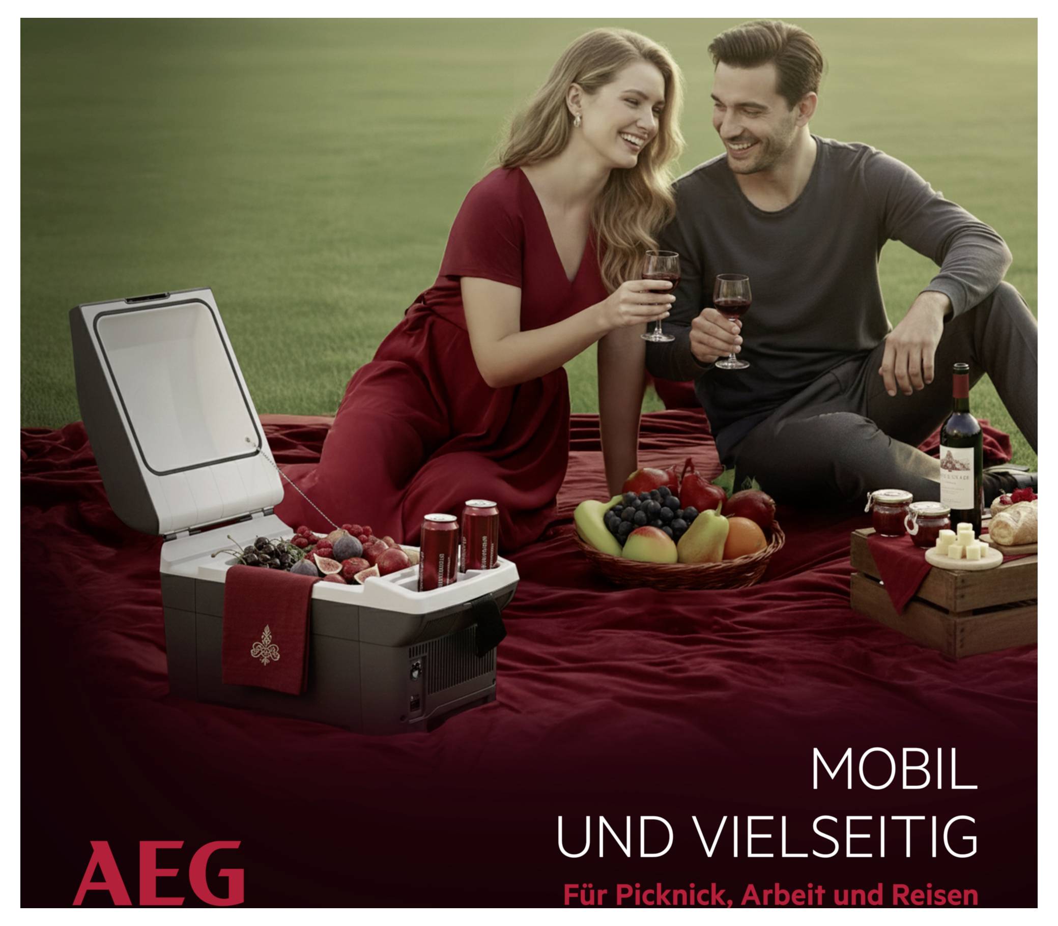 A couple sitting on a red blanket in a grassy area, enjoying wine and snacks from a cooler, with text 'Mobil und vielseitig'.