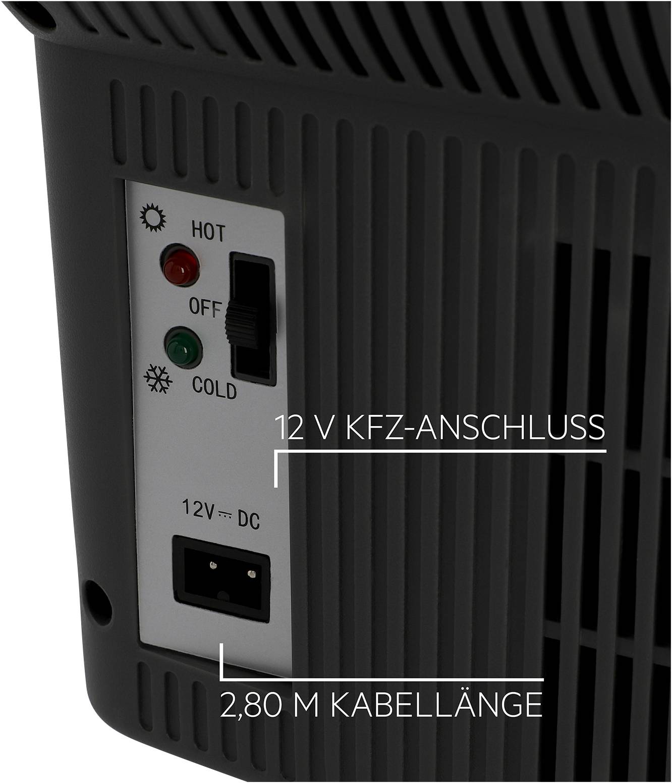 Rear view of a device with switches for 'Hot', 'Off', 'Cold'. 12 V car socket connection and 2.80 m cable length are specified.