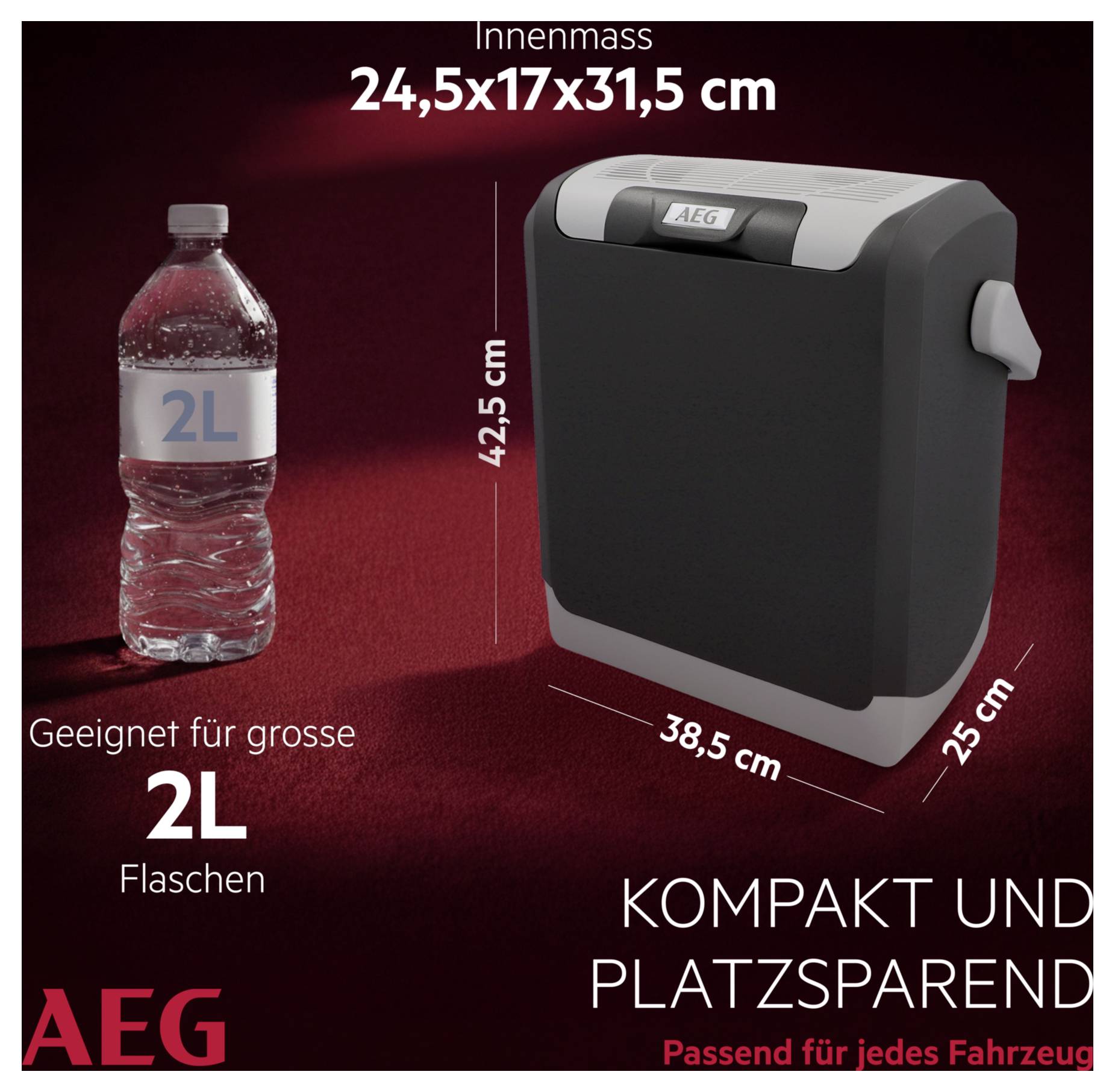 'AEG' cooler showcased beside a 2L water bottle. Cooler dimensions: 24.5x17x31.5 cm. Labeled 'Kompakt und Platzsparend'. Suitable for large bottles.