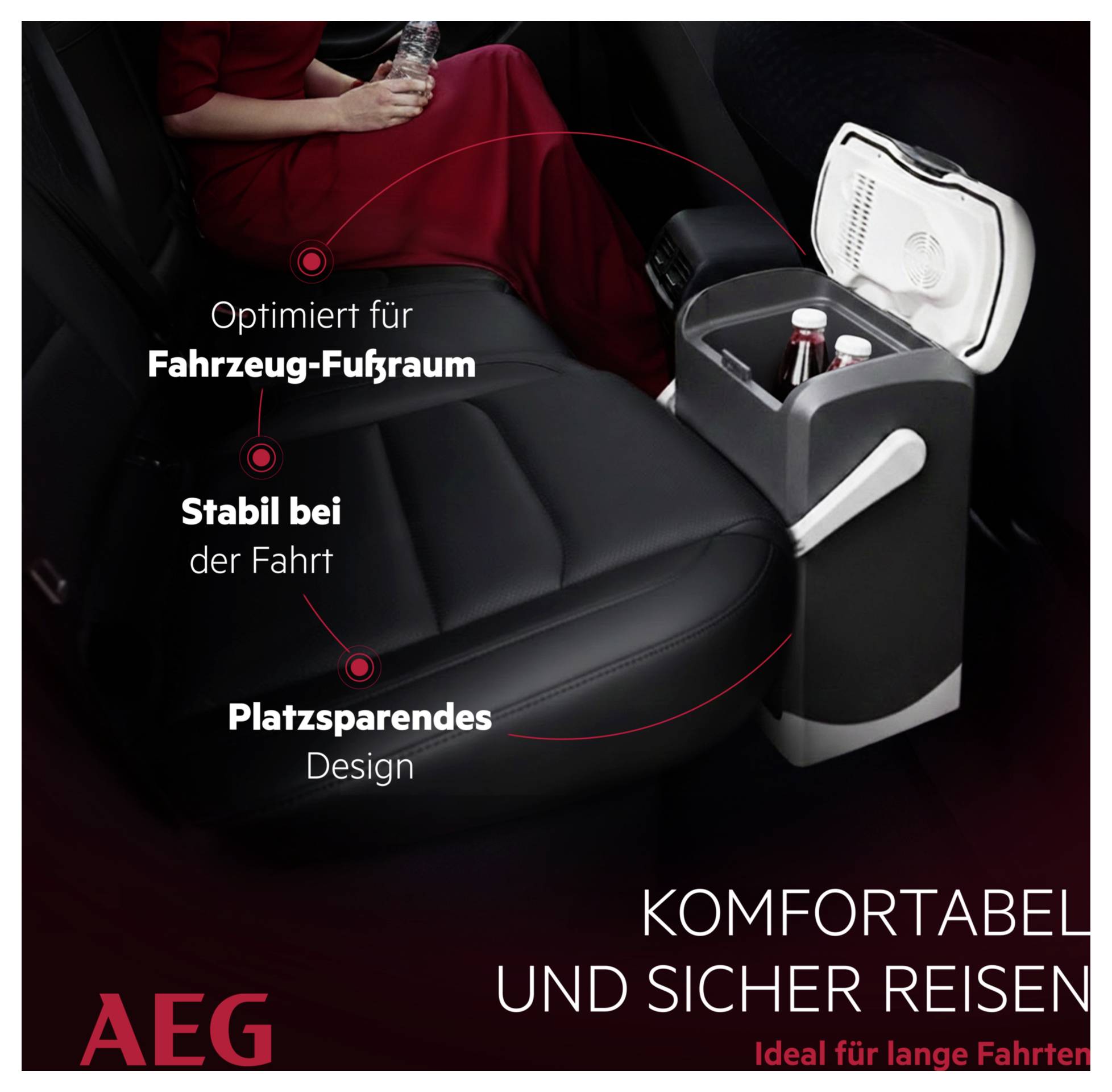 'AEG car cooler optimizes vehicle foot space, stable during travel, space-saving design. Comfortable and safe for long trips.'