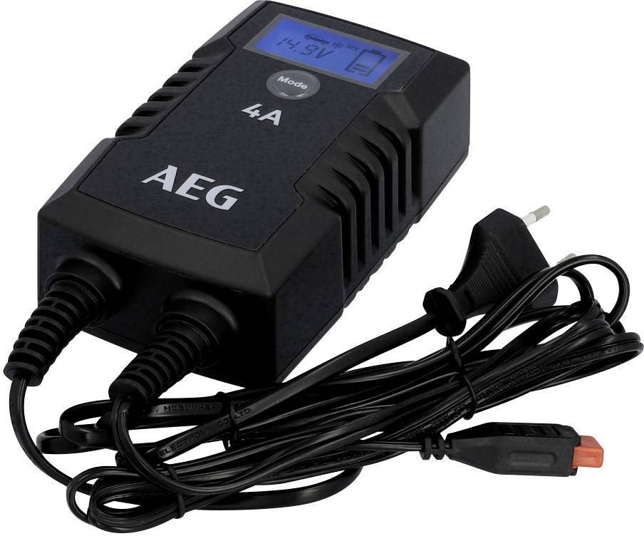 Black charger with two cables and plug, AEG brand, displays charging information on small display, 4A mode activated.