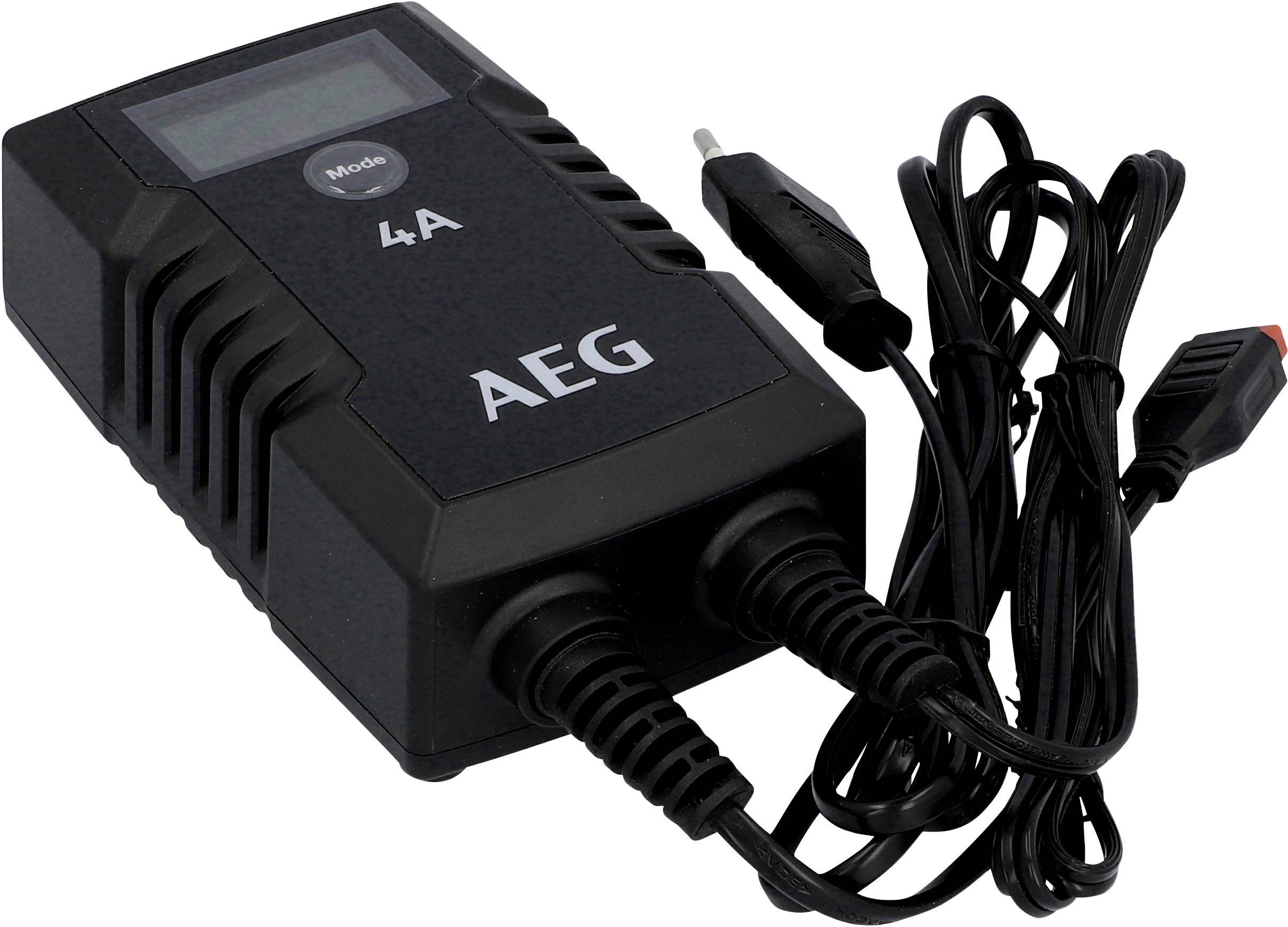Battery Charger, Model AEG 4A, rectangular, Black, with cable and plug. Display on top shows settings. Suitable for battery charging.