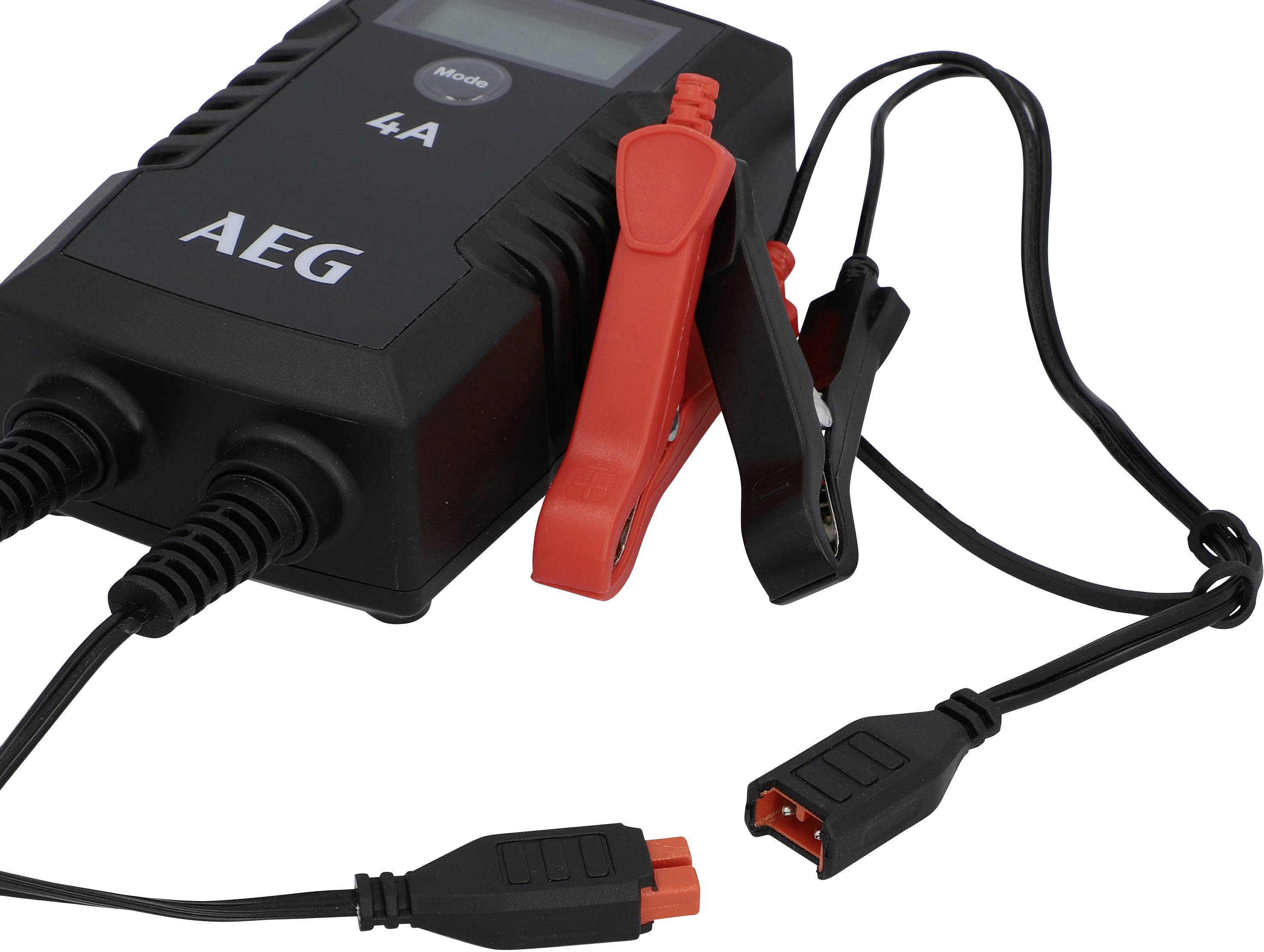 A black battery charger with crocodile clips and a display, showing '4A'. Suitable for charging car batteries. Cables are connected.
