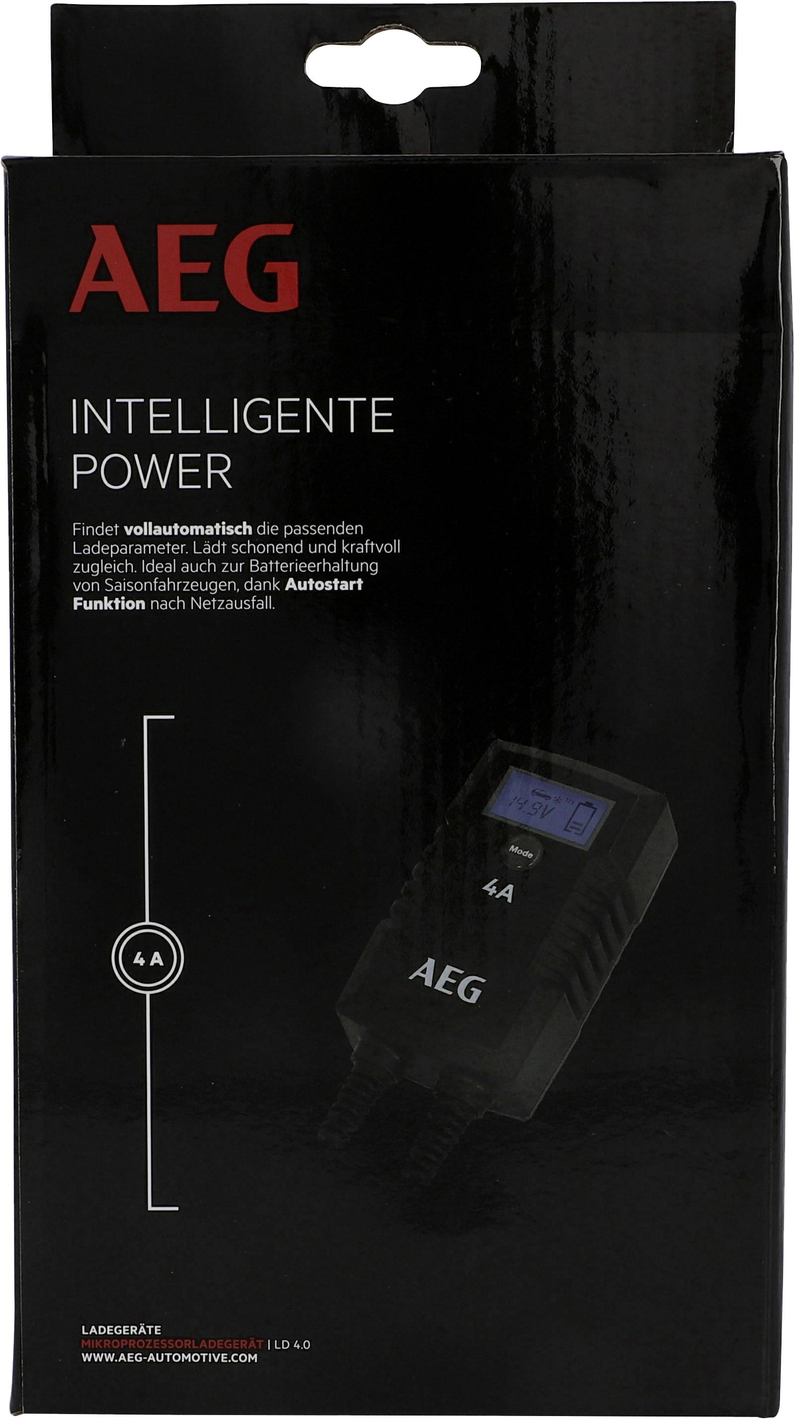AEG Intelligent Power Charger Packaging with an Image of a Charger. Text Highlights Automatic Charging Adaptation.