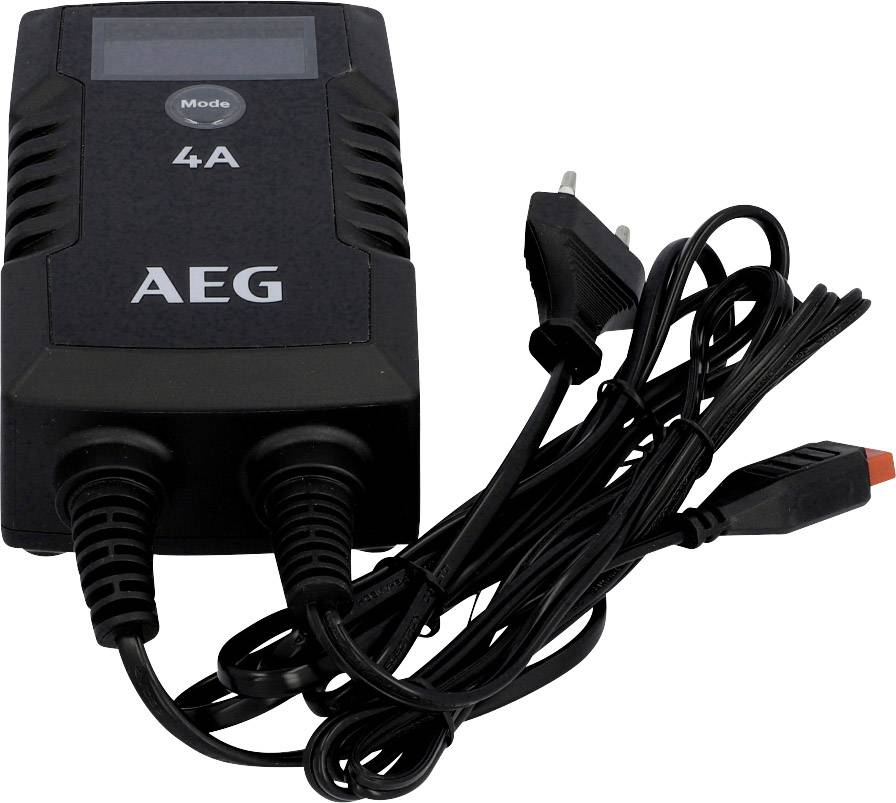 A black battery charger with the inscription '4A AEG', two cables, and an EU plug.