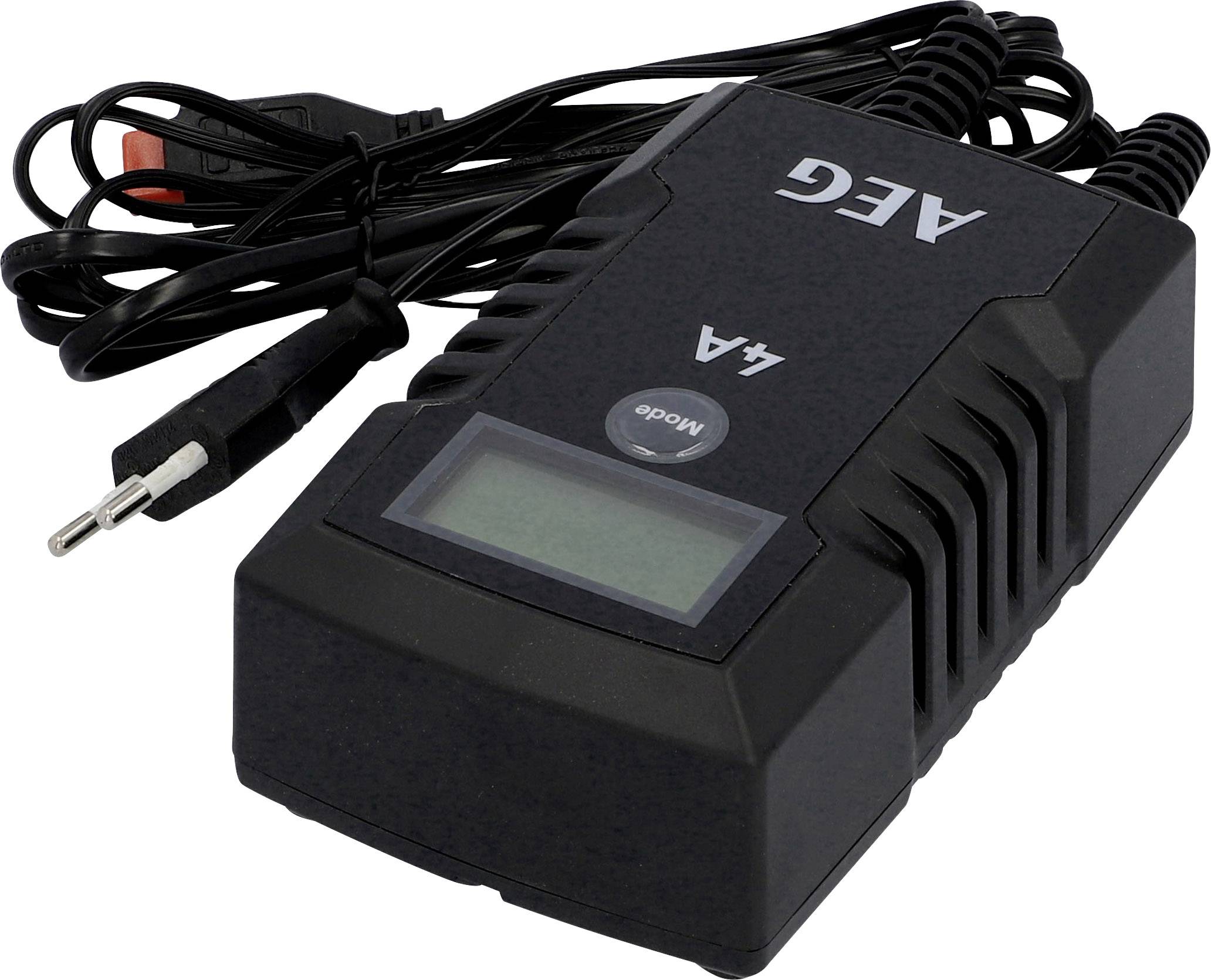 Black battery charger with digital display, cable, and plug.