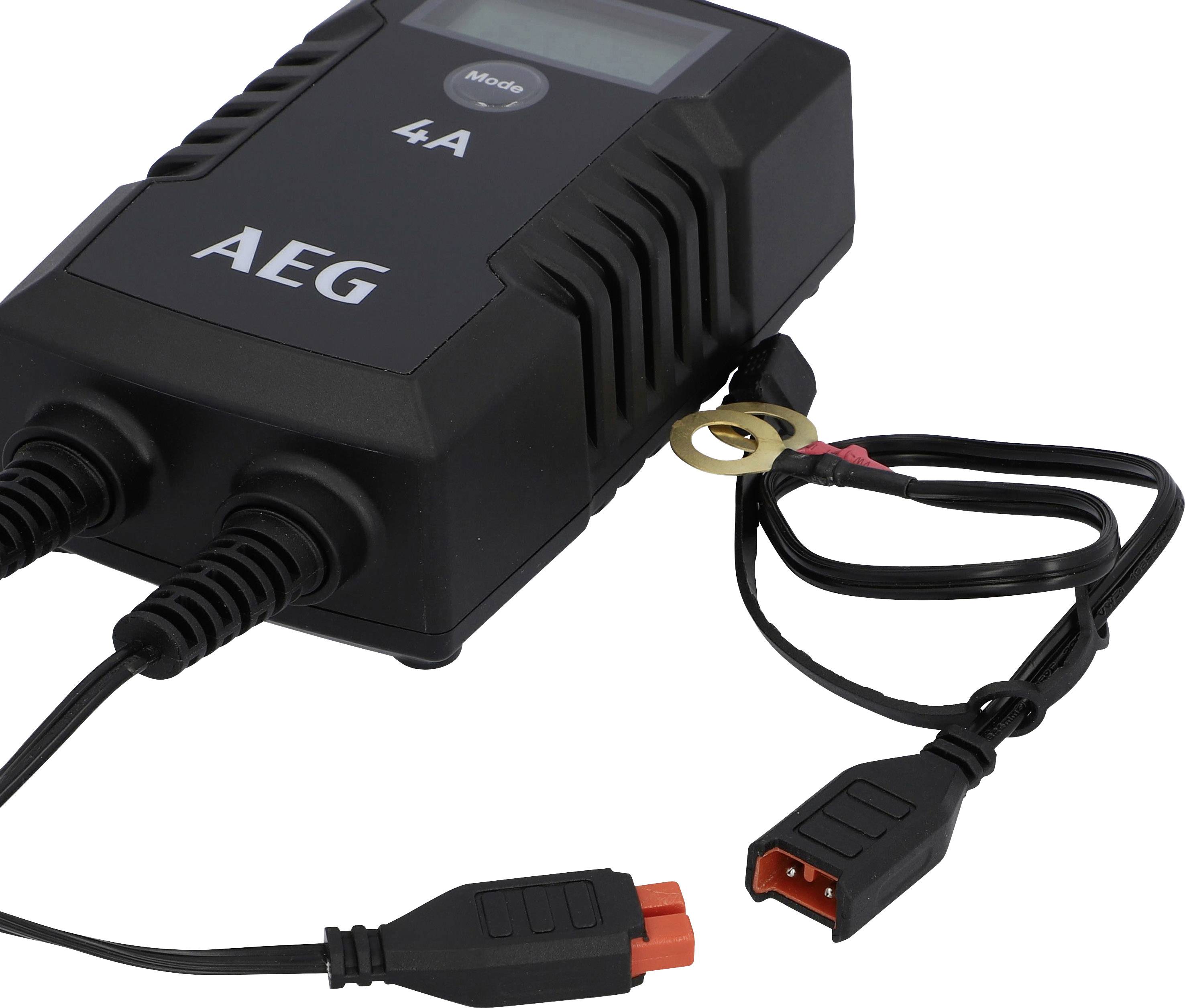 A black AEG battery charger with two cable connections and an LCD display. It shows '4A' as the charging current.