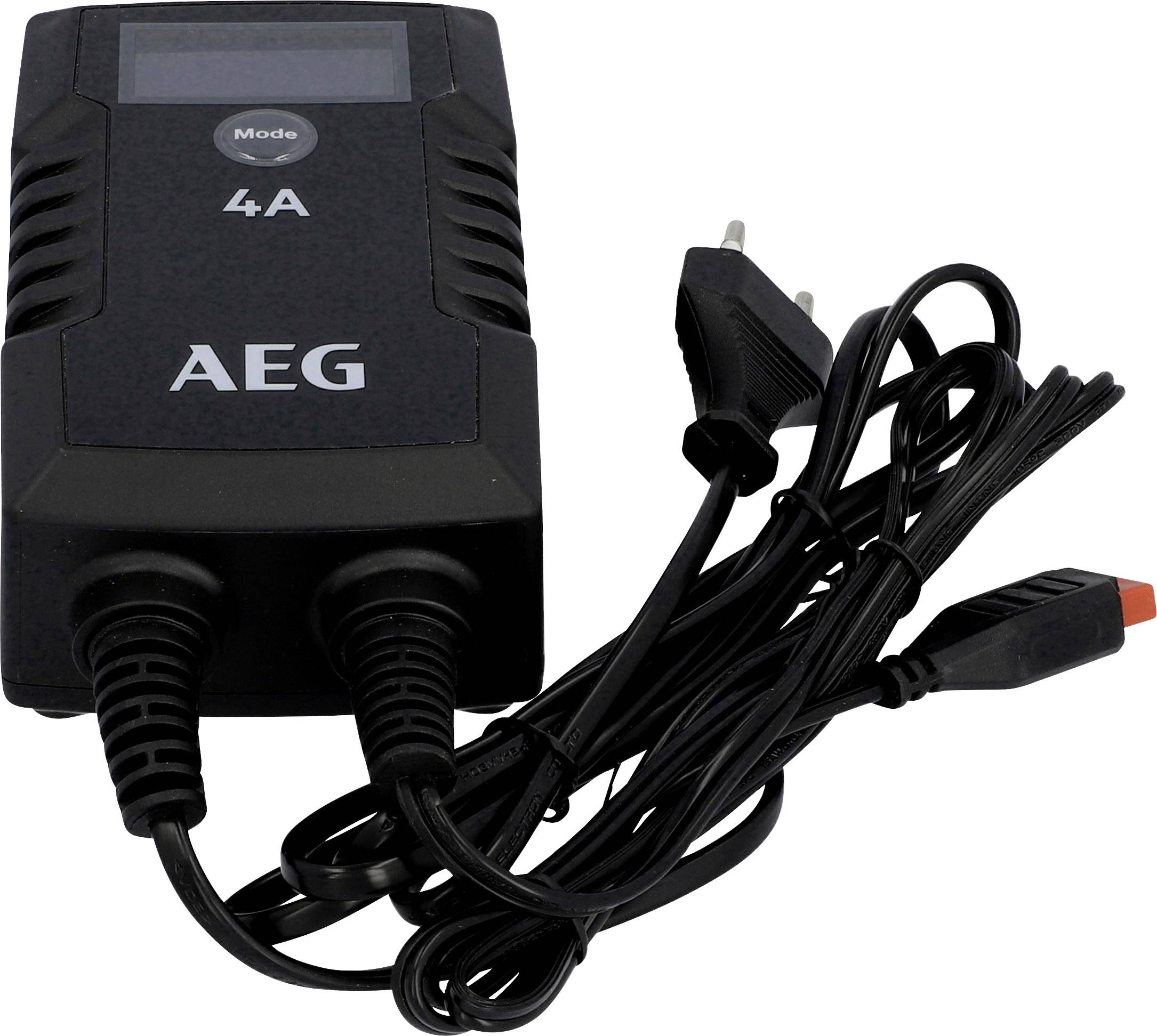 A black battery charger with AEG logo, two cables and a plug; 4A display and mode button on the top surface.
