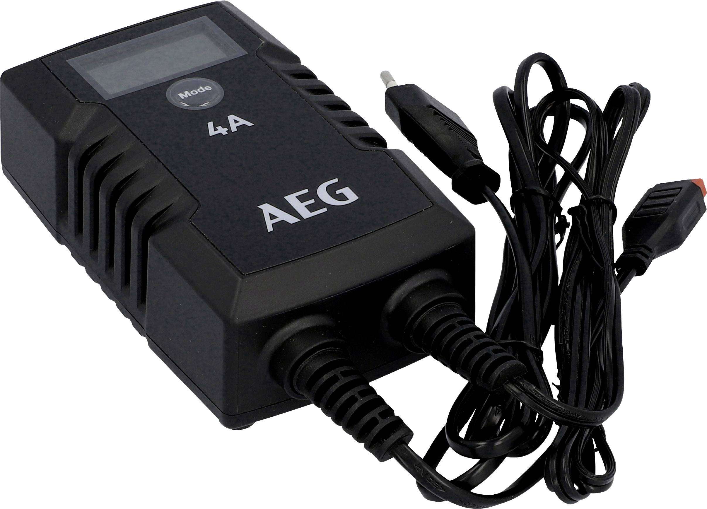 A black AEG battery charger with a display and two cables. It has a current rating of 4A and is suitable for charging batteries.