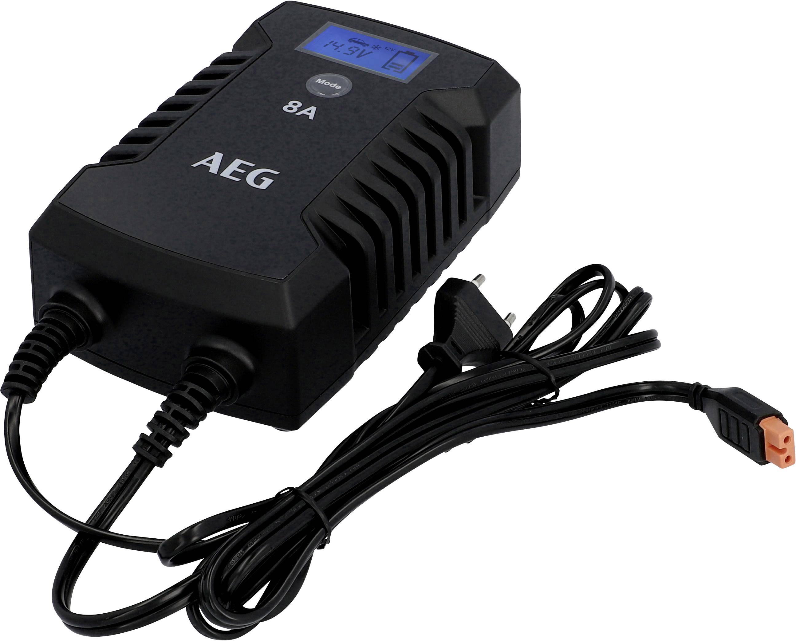 Black battery charger with blue digital display on the top, showing '8A'. Long cable with European plug.