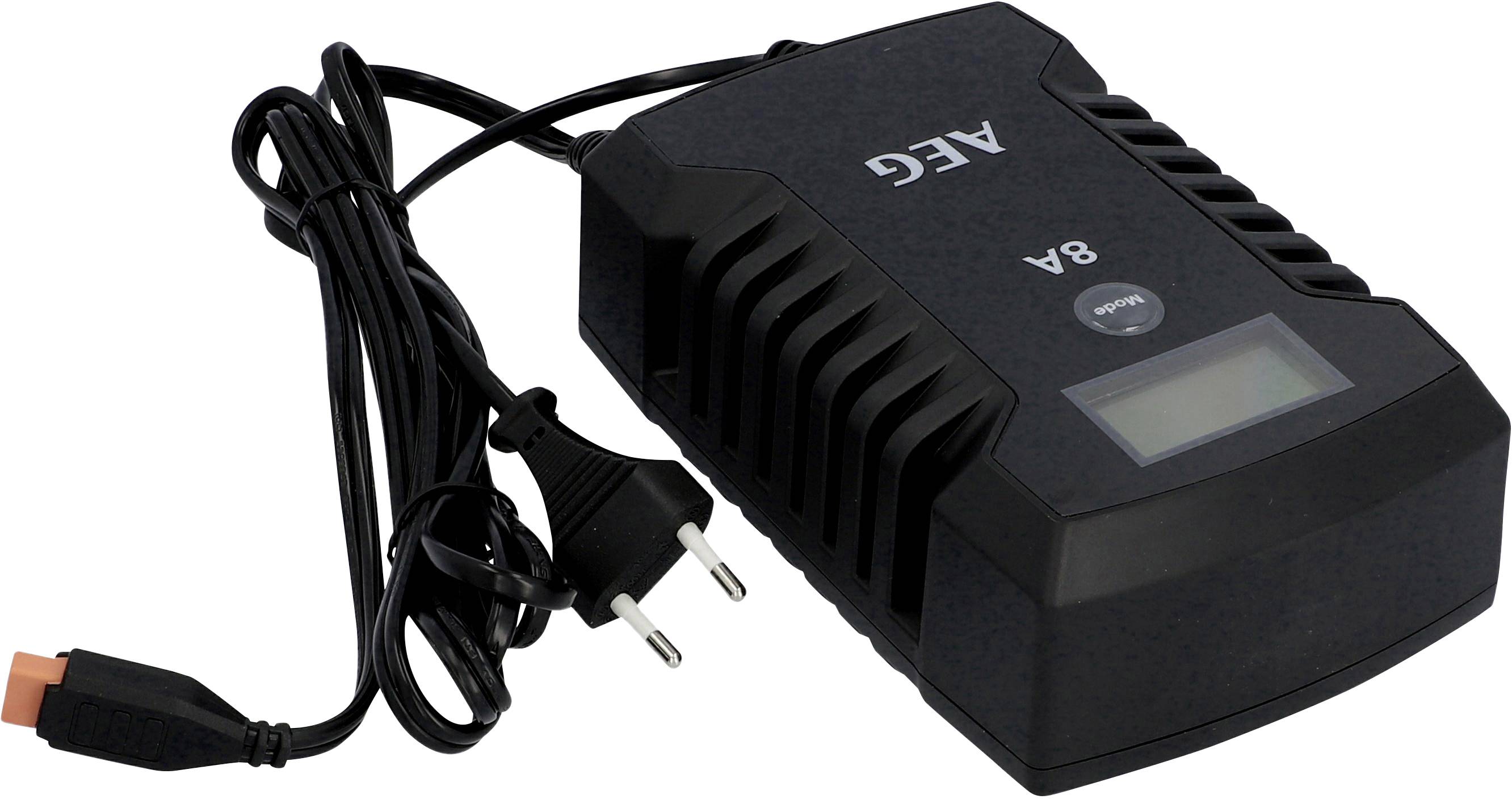 Black charger with cable and plug, marked with 'AEG' and '8A', textured on the side, with a small display and red socket connection.