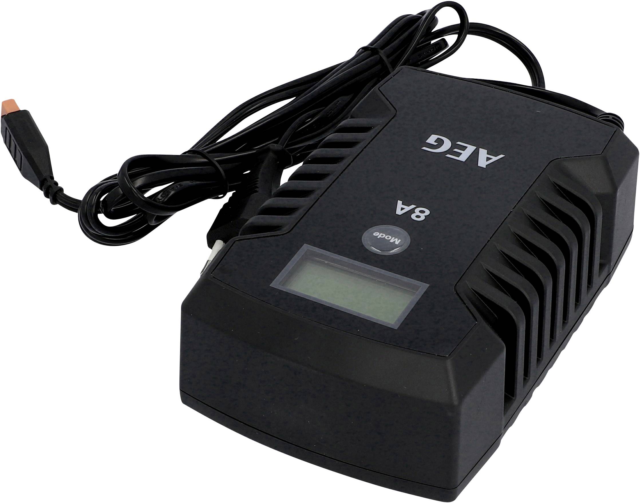 A black battery charger with a cable and display, showing 'AEG' and '8A'. It has side ventilation slots.