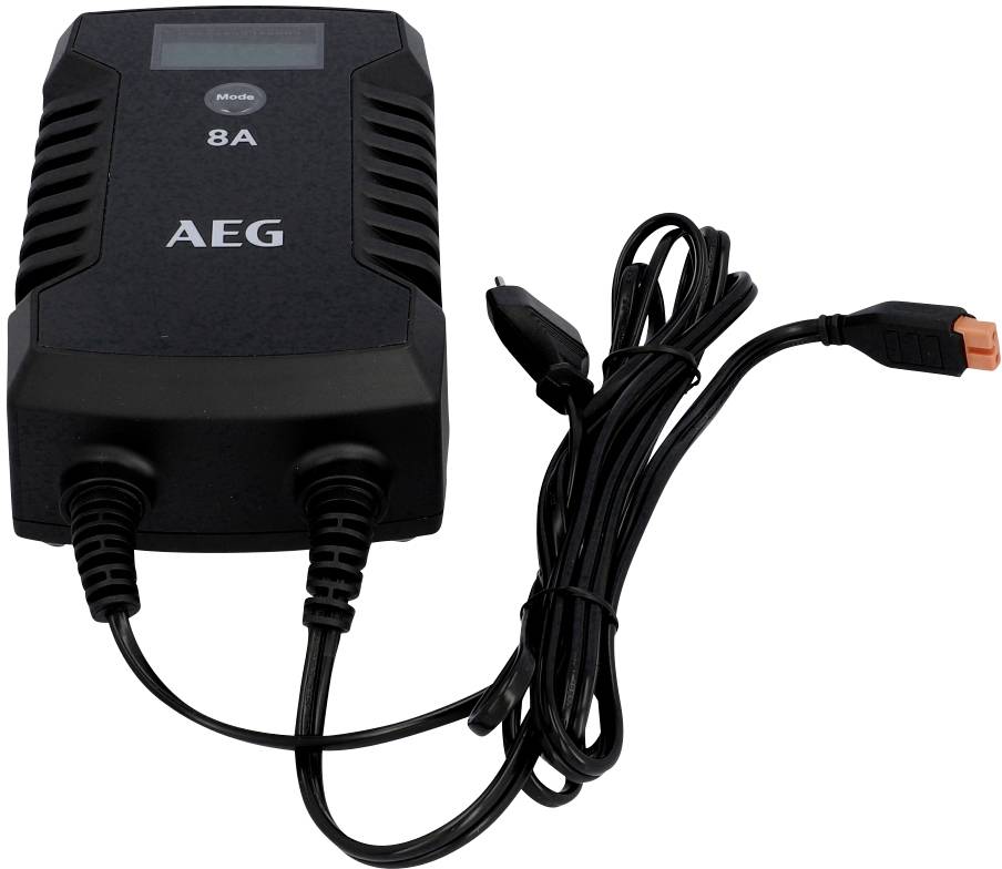 A black AEG charger with a display and an 8A label. One cable end shows an orange plug.