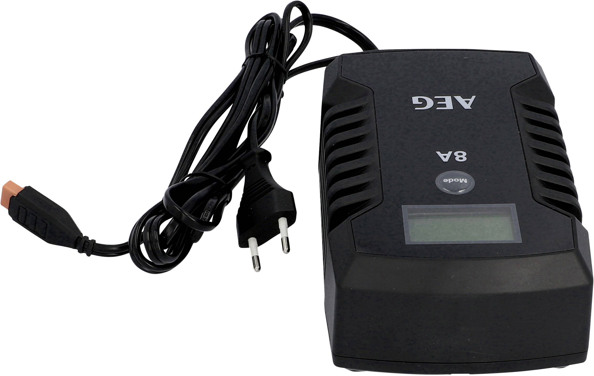 'Black AEG charger with power cable and plug socket, featuring a small digital display on the top surface.'