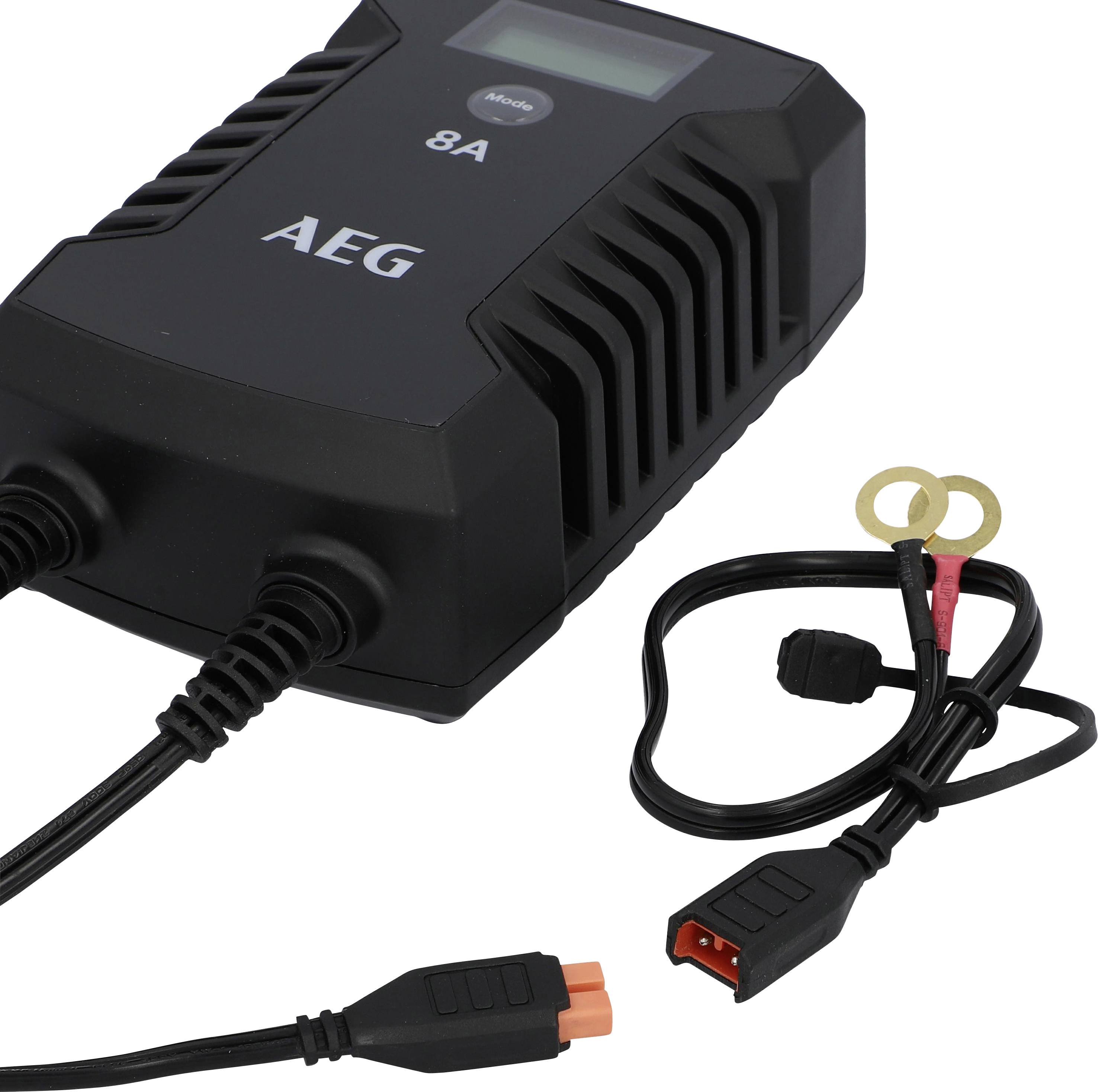 Black AEG battery charger with 8A display, two cables: one with clamps, one with plug connection.