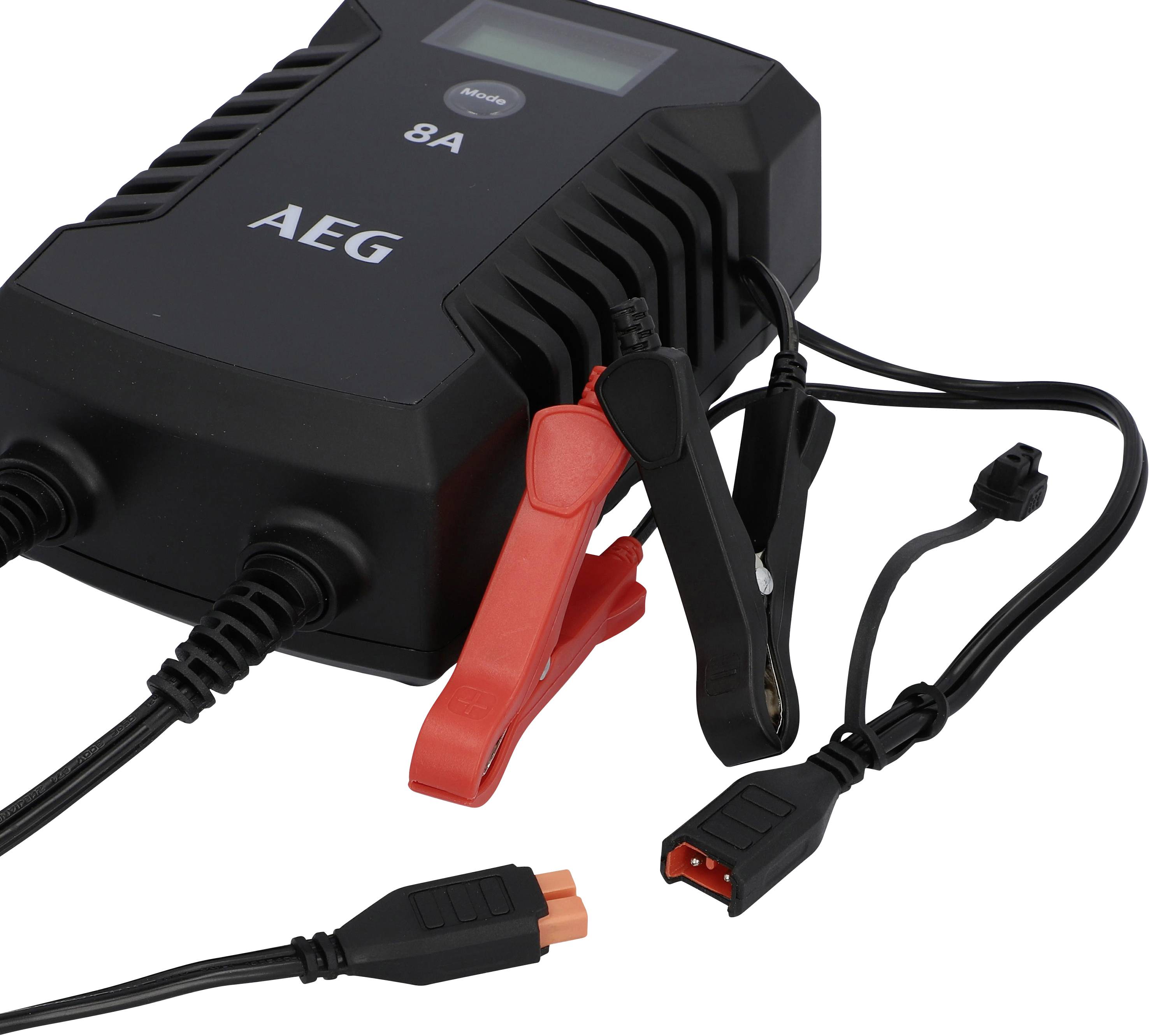 'Black battery charger with display and red and black crocodile clips, alongside several cables and connectors.'